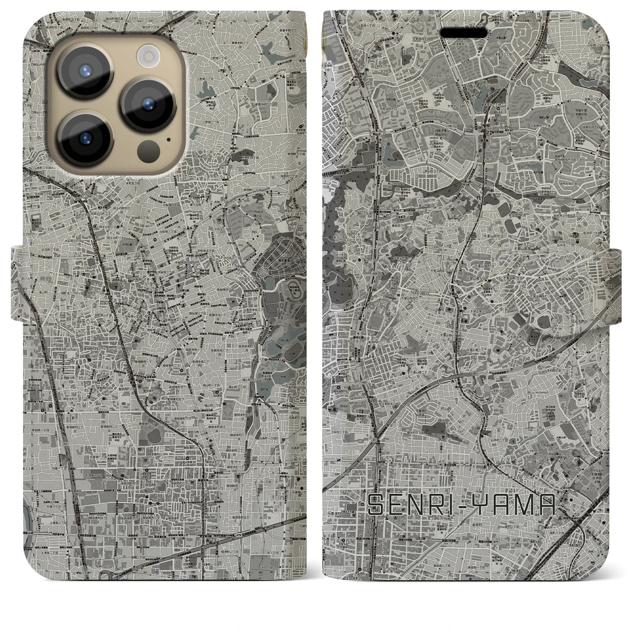 【千里山(大阪府)】地図柄iPhoneケース(手帳タイプ)モノトーン・iPhone 14 Pro Max 用