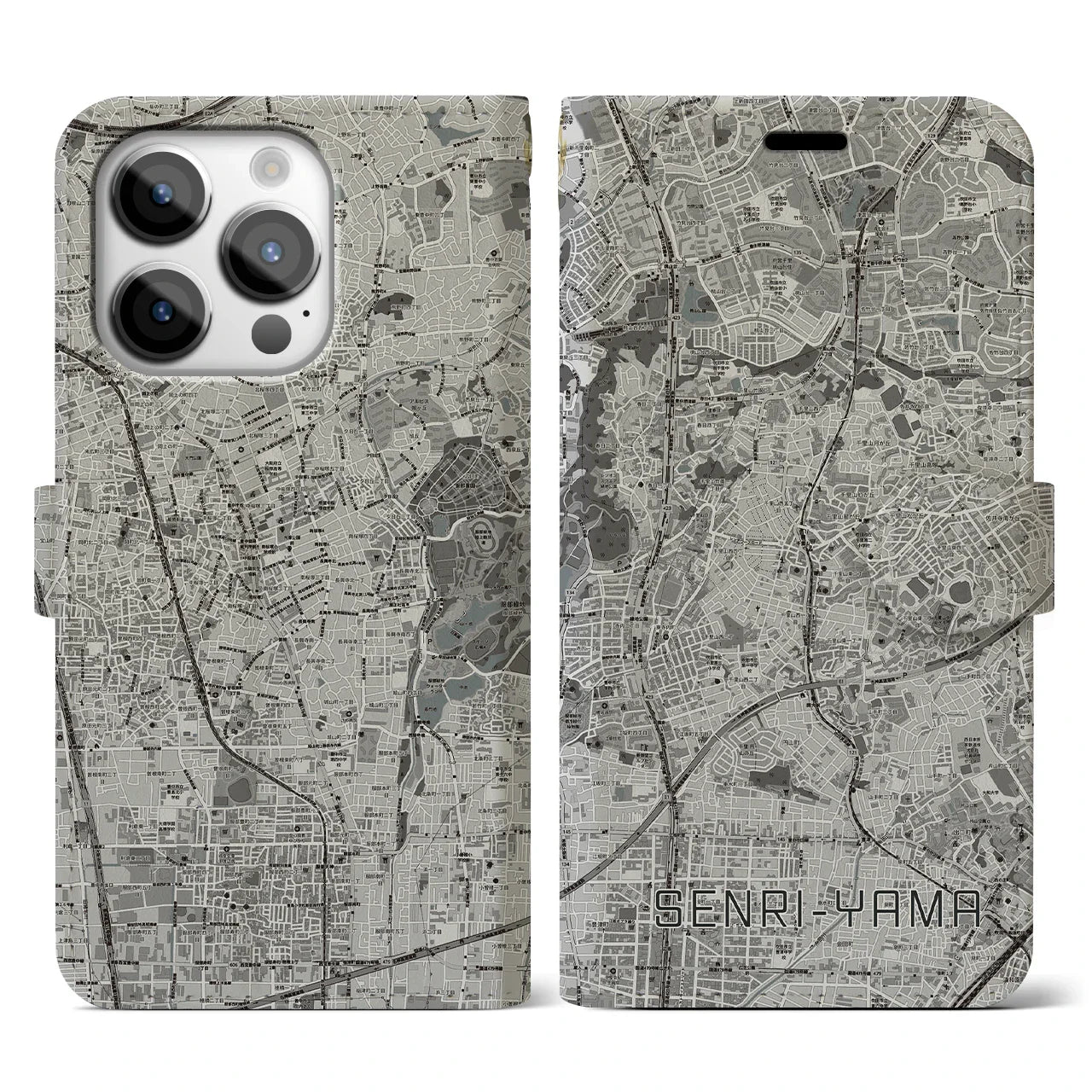 【千里山(大阪府)】地図柄iPhoneケース(手帳タイプ)モノトーン・iPhone 14 Pro 用