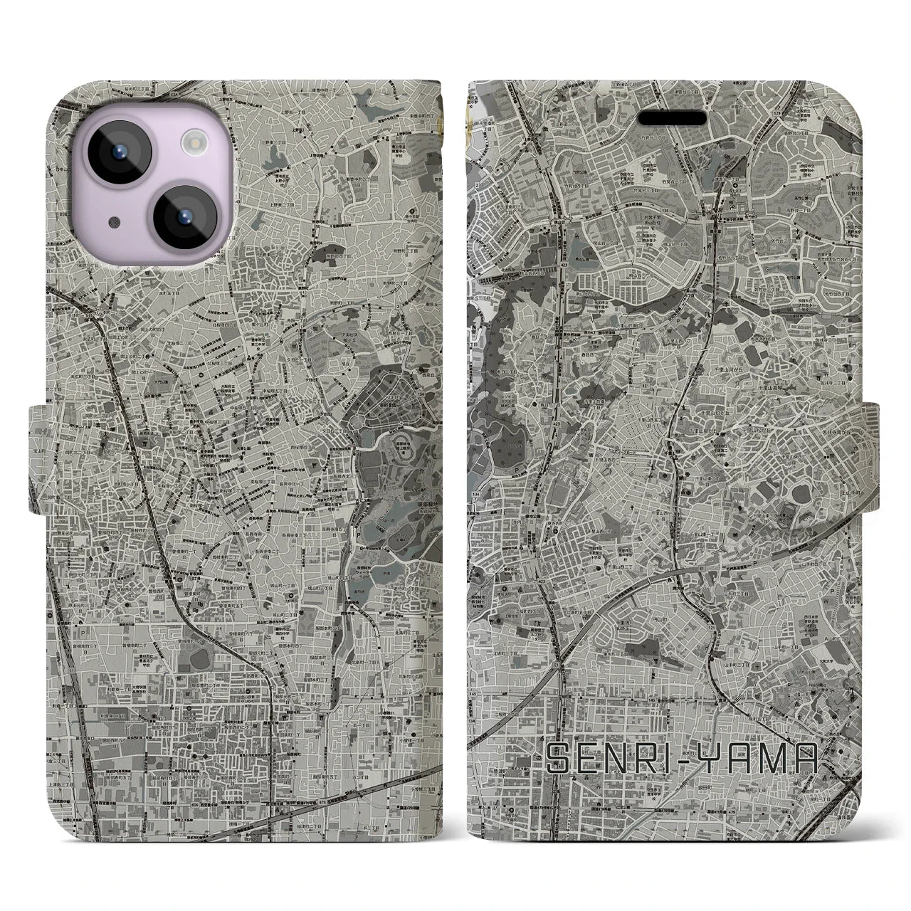 【千里山(大阪府)】地図柄iPhoneケース(手帳タイプ)モノトーン・iPhone 14 用