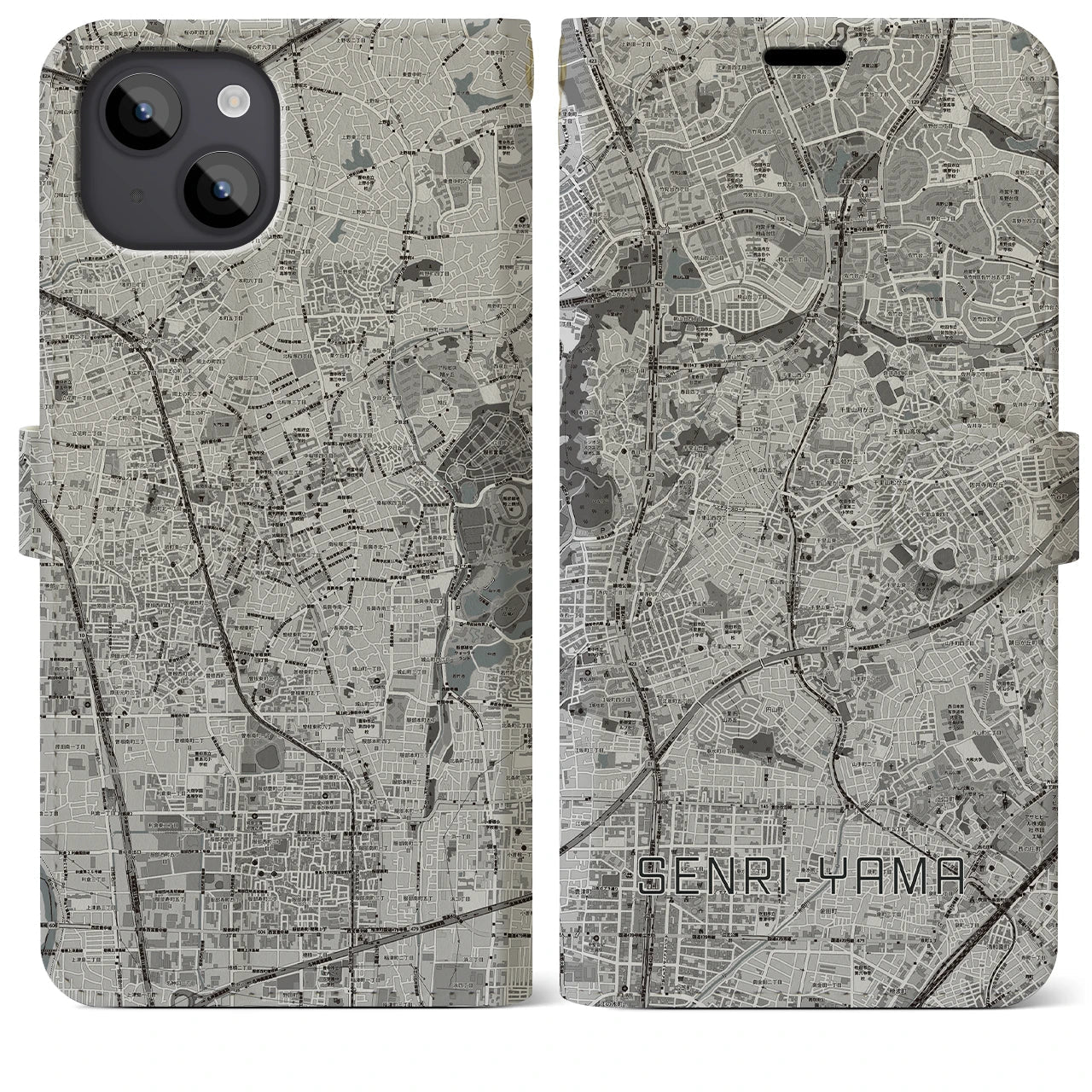 【千里山(大阪府)】地図柄iPhoneケース(手帳タイプ)モノトーン・iPhone 14 Plus 用