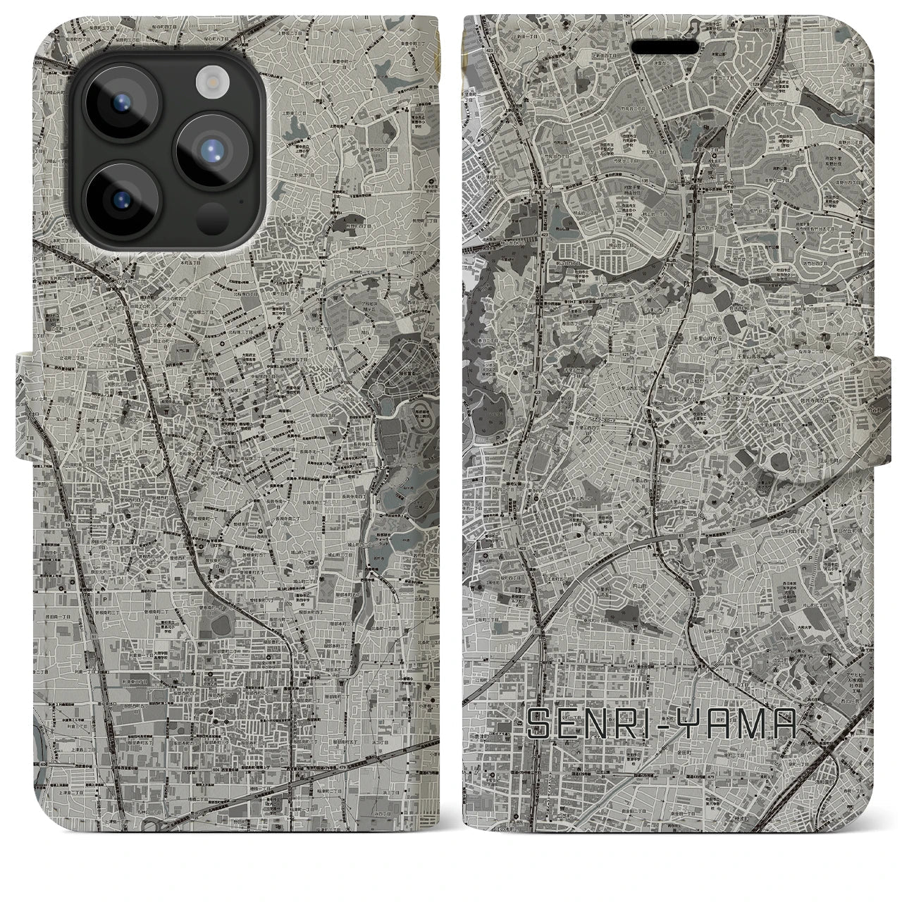 【千里山(大阪府)】地図柄iPhoneケース(手帳タイプ)モノトーン・iPhone 15 Pro Max 用