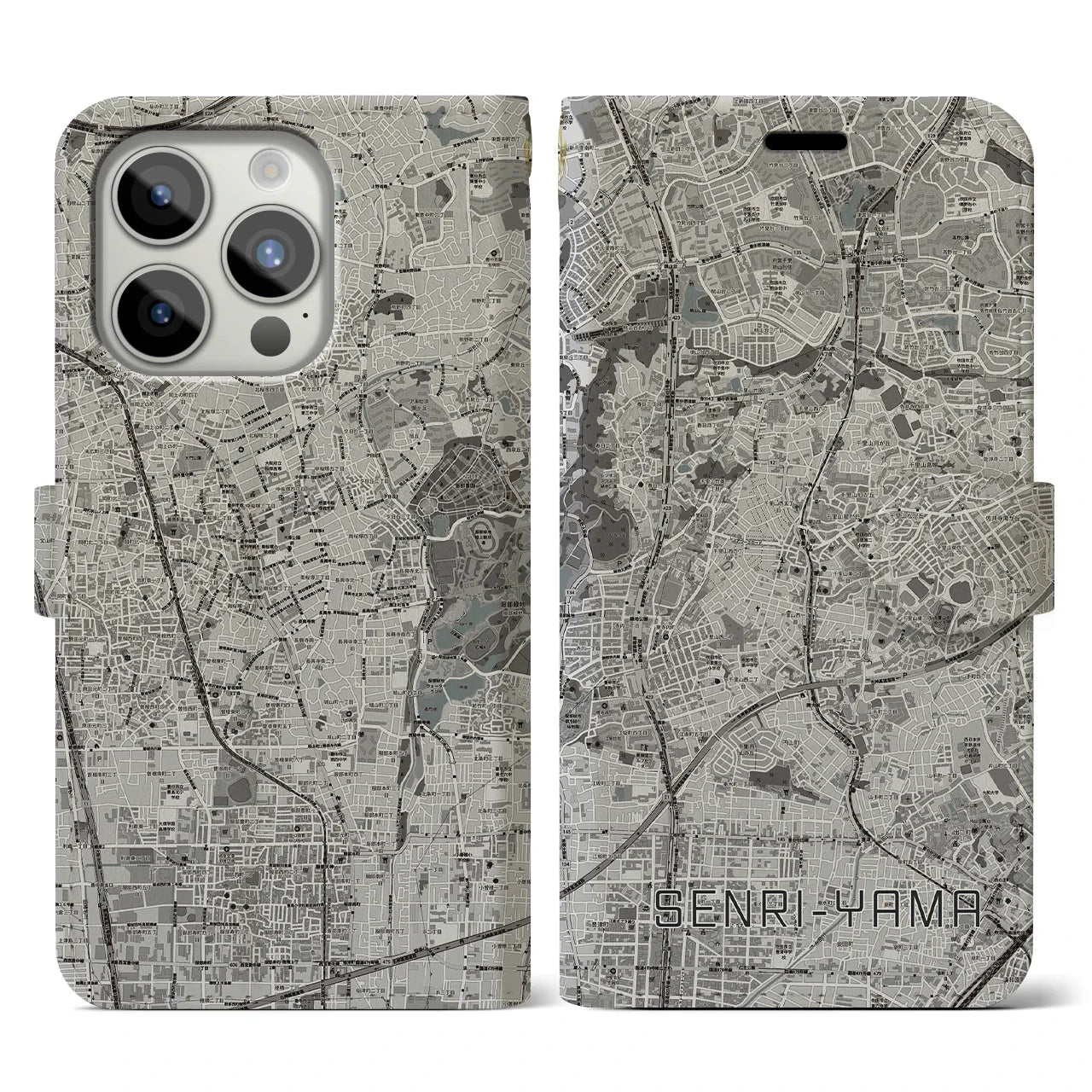 【千里山(大阪府)】地図柄iPhoneケース(手帳タイプ)モノトーン・iPhone 15 Pro 用