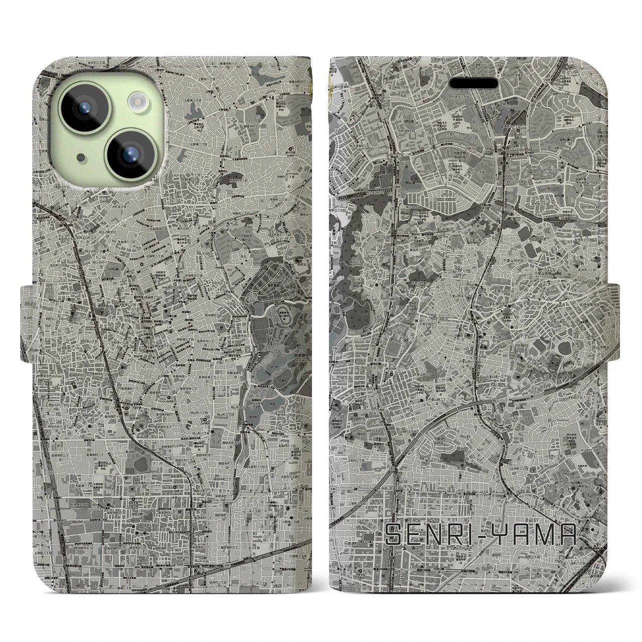 【千里山(大阪府)】地図柄iPhoneケース(手帳タイプ)モノトーン・iPhone 15 用