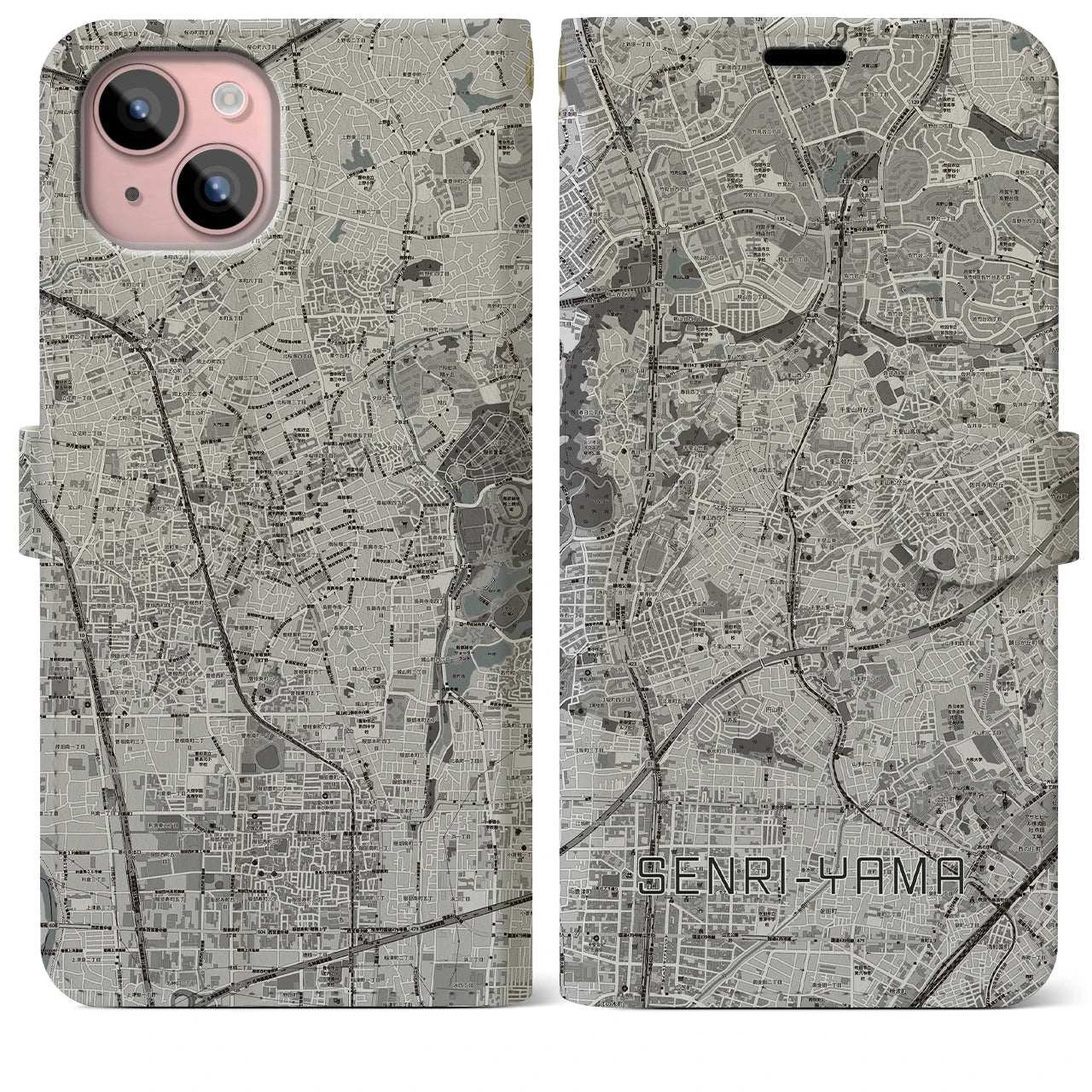 【千里山(大阪府)】地図柄iPhoneケース(手帳タイプ)モノトーン・iPhone 15 Plus 用