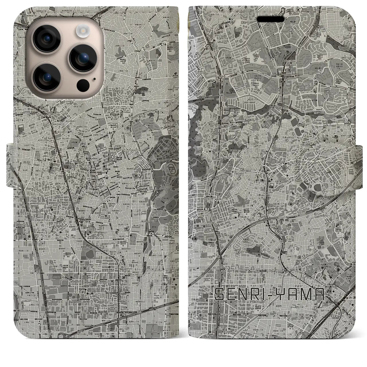 【千里山(大阪府)】地図柄iPhoneケース(手帳タイプ)モノトーン・iPhone 16 Plus 用