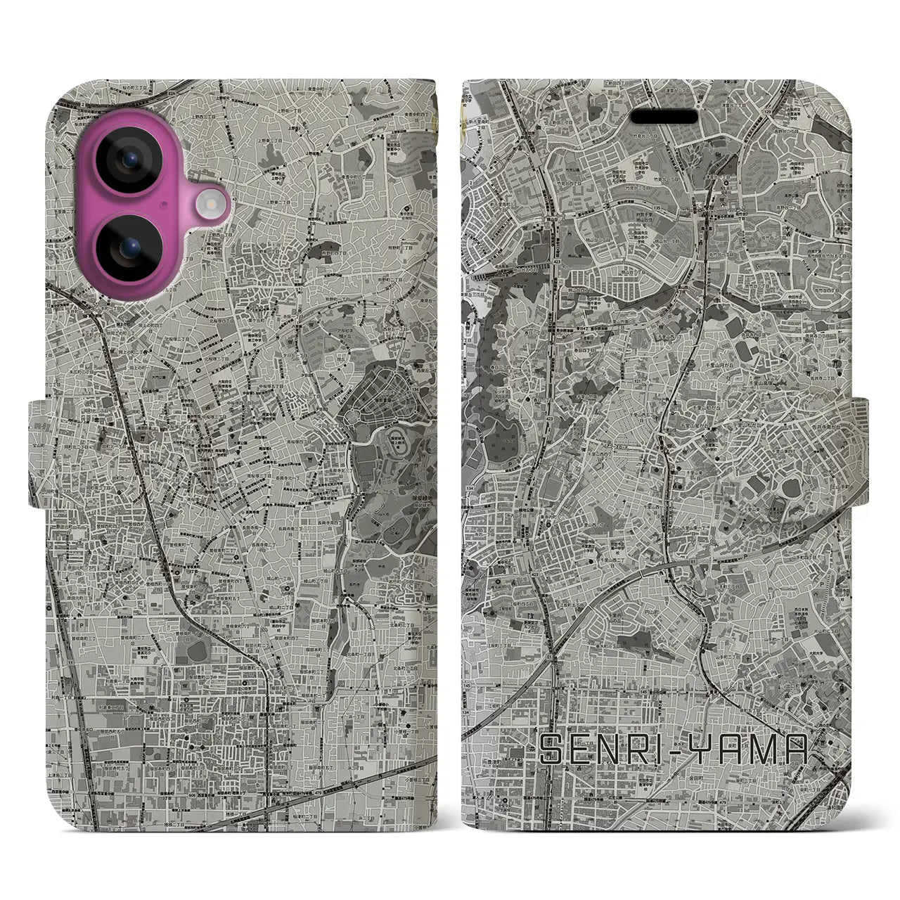 【千里山(大阪府)】地図柄iPhoneケース(手帳タイプ)モノトーン・iPhone 16 Pro 用