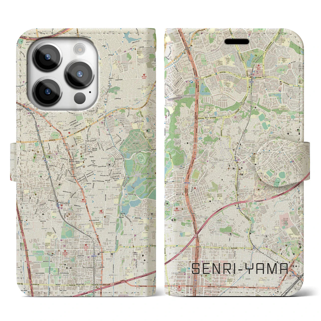 【千里山(大阪府)】地図柄iPhoneケース(手帳タイプ)ナチュラル・iPhone 14 Pro 用