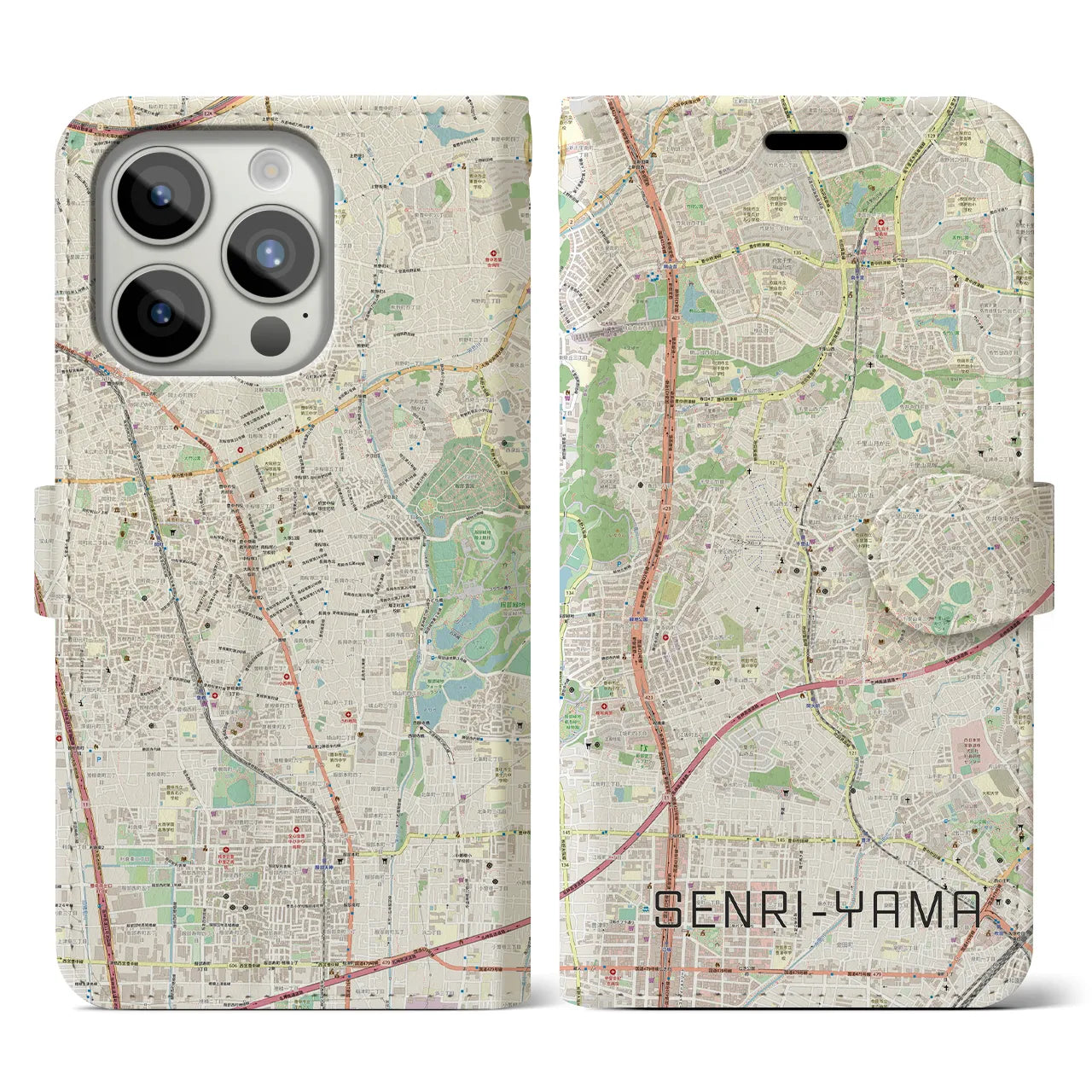 【千里山(大阪府)】地図柄iPhoneケース(手帳タイプ)ナチュラル・iPhone 15 Pro 用