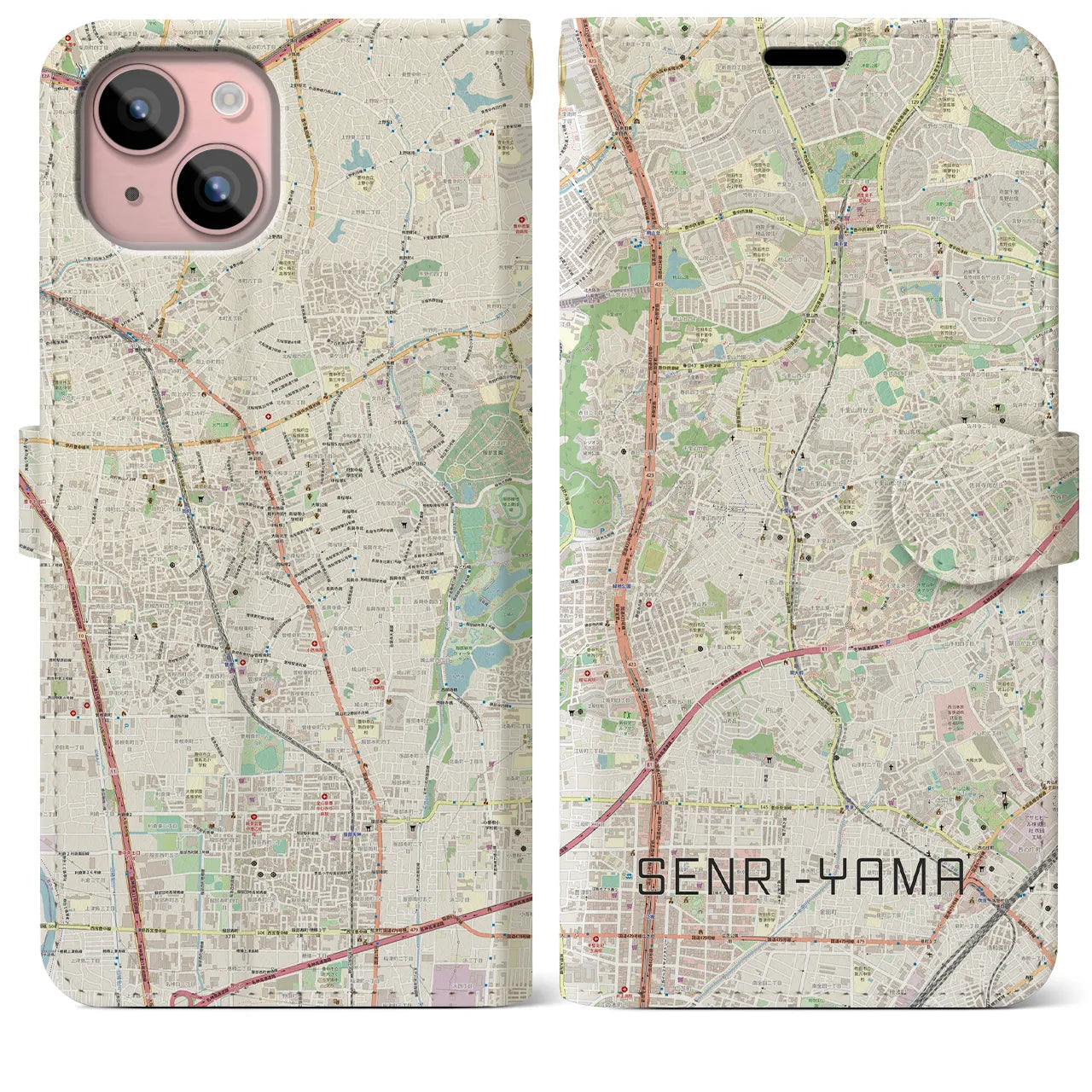 【千里山(大阪府)】地図柄iPhoneケース(手帳タイプ)ナチュラル・iPhone 15 Plus 用