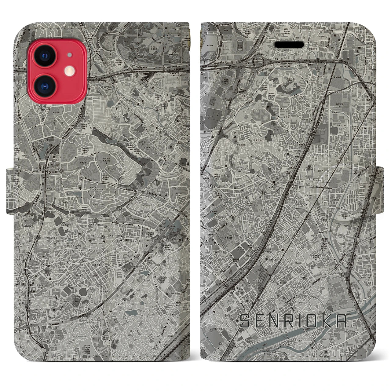 【千里丘(大阪府)】地図柄iPhoneケース(手帳タイプ)モノトーン・iPhone 11 用