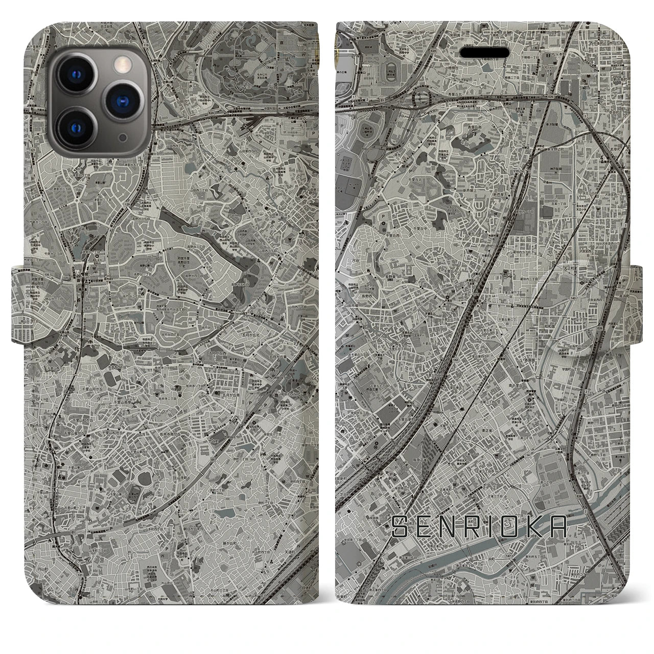 【千里丘(大阪府)】地図柄iPhoneケース(手帳タイプ)モノトーン・iPhone 11 Pro Max 用