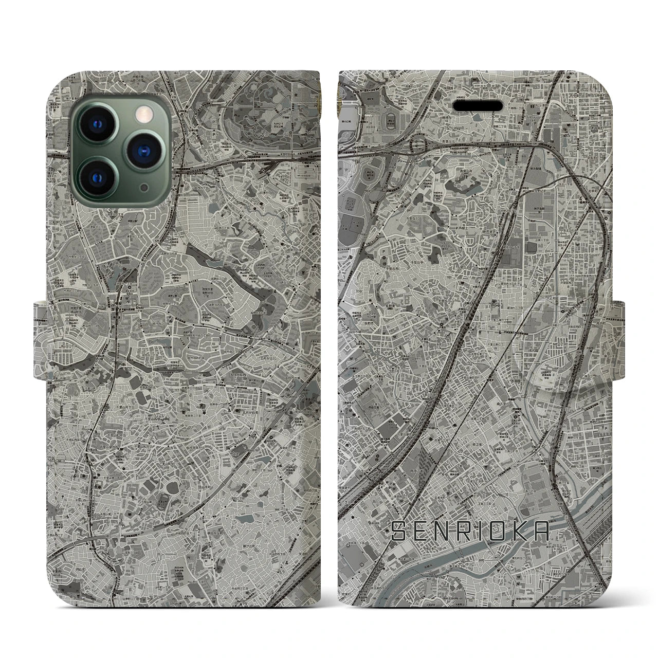 【千里丘(大阪府)】地図柄iPhoneケース(手帳タイプ)モノトーン・iPhone 11 Pro 用