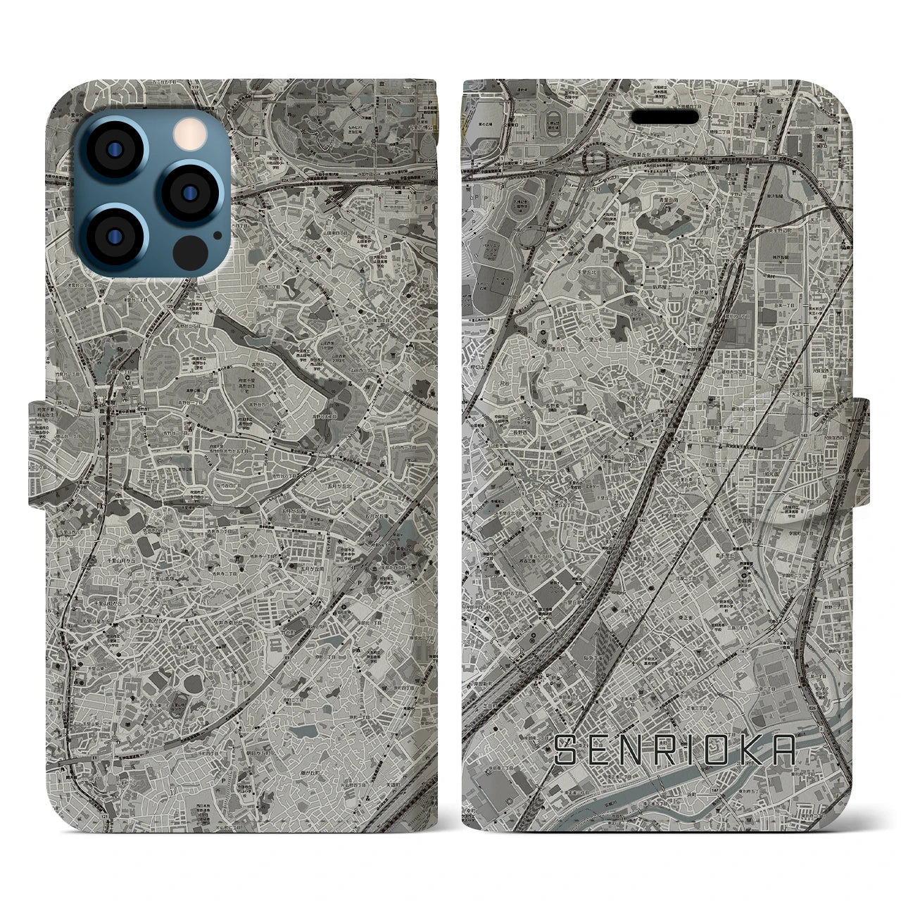 【千里丘(大阪府)】地図柄iPhoneケース(手帳タイプ)モノトーン・iPhone 12 / 12 Pro 用