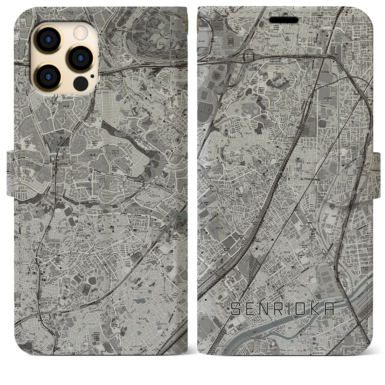 【千里丘(大阪府)】地図柄iPhoneケース(手帳タイプ)モノトーン・iPhone 12 Pro Max 用