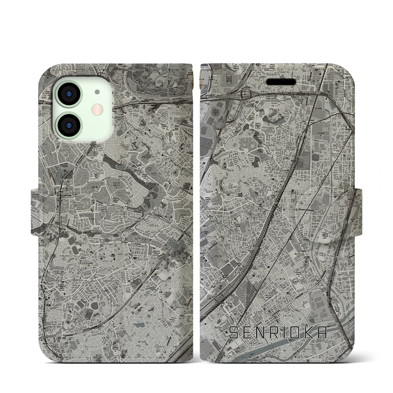 【千里丘(大阪府)】地図柄iPhoneケース(手帳タイプ)モノトーン・iPhone 12 mini 用