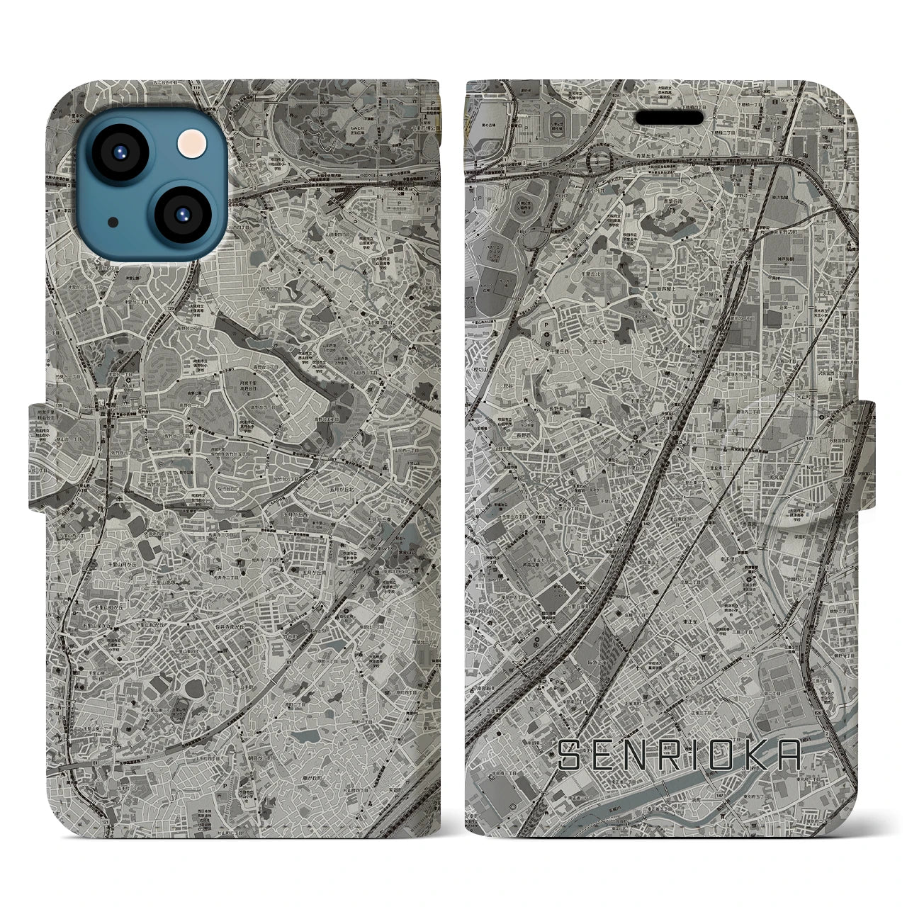 【千里丘(大阪府)】地図柄iPhoneケース(手帳タイプ)モノトーン・iPhone 13 用