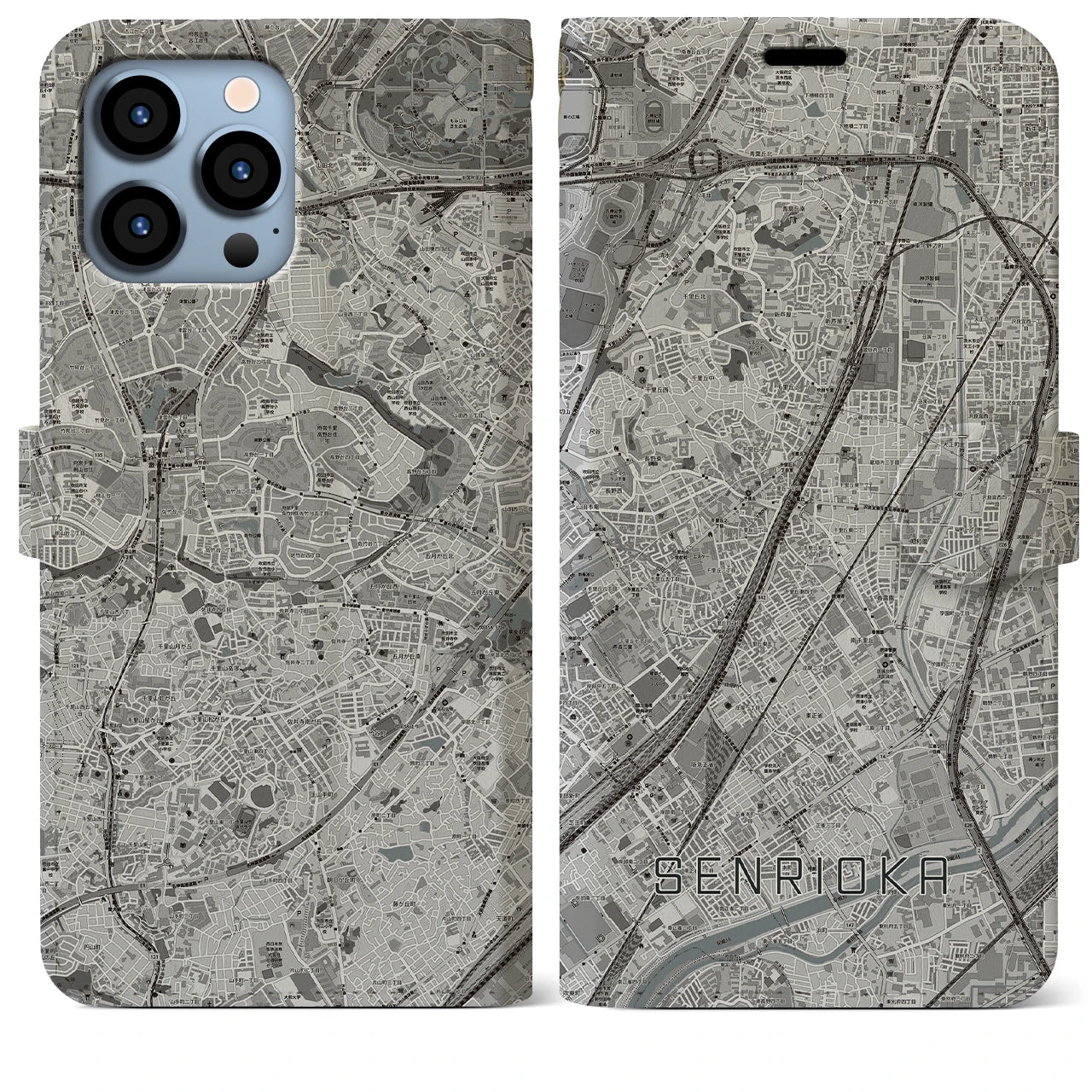 【千里丘(大阪府)】地図柄iPhoneケース(手帳タイプ)モノトーン・iPhone 13 Pro Max 用