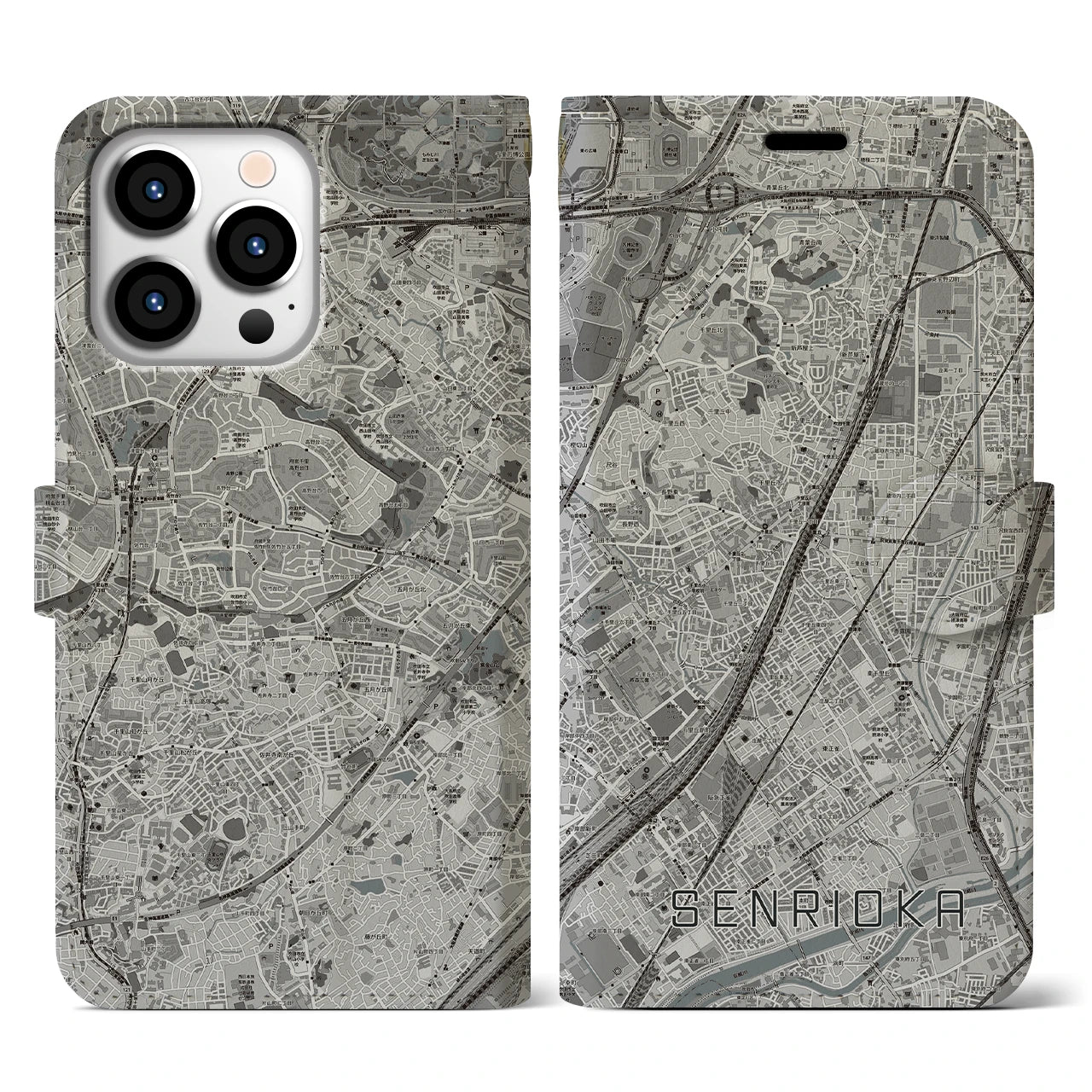 【千里丘(大阪府)】地図柄iPhoneケース(手帳タイプ)モノトーン・iPhone 13 Pro 用