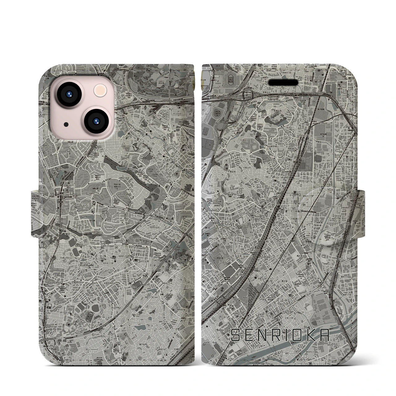 【千里丘(大阪府)】地図柄iPhoneケース(手帳タイプ)モノトーン・iPhone 13 mini 用