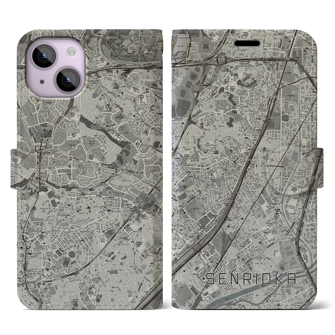 【千里丘(大阪府)】地図柄iPhoneケース(手帳タイプ)モノトーン・iPhone 14 用