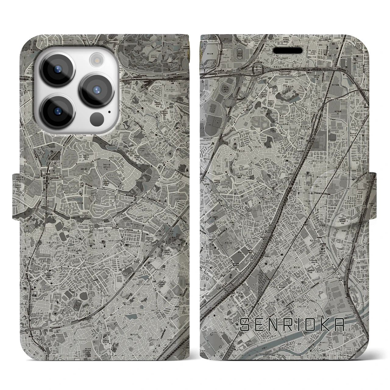 【千里丘(大阪府)】地図柄iPhoneケース(手帳タイプ)モノトーン・iPhone 14 Pro 用