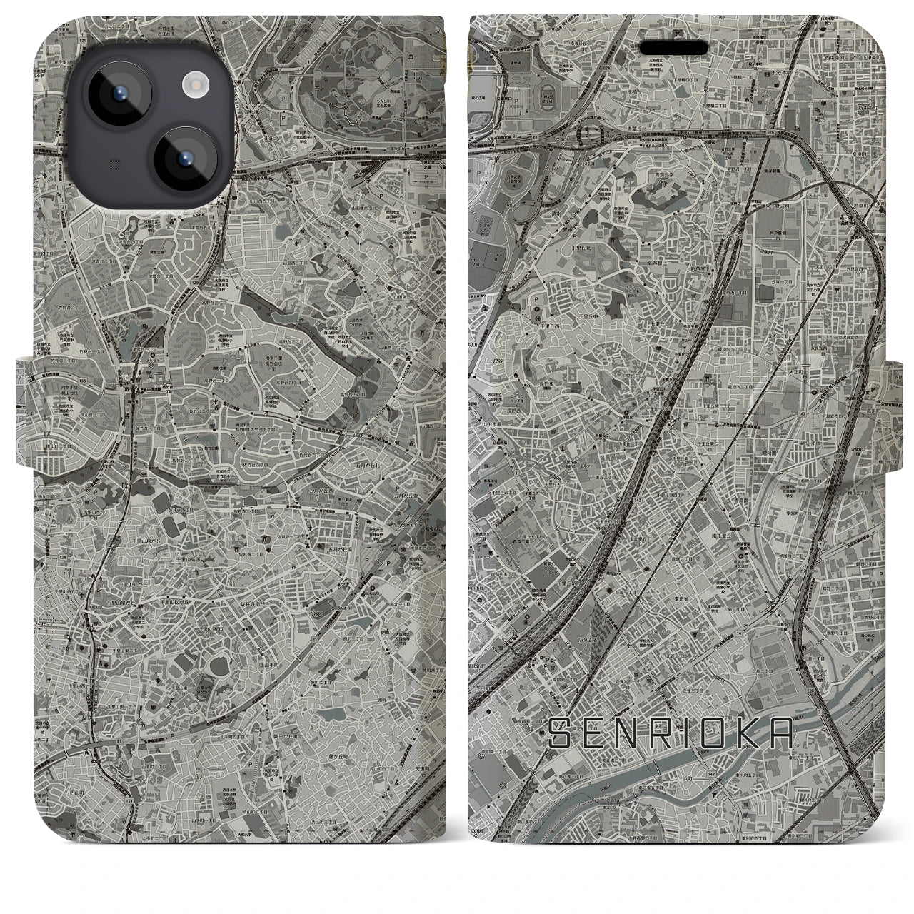 【千里丘(大阪府)】地図柄iPhoneケース(手帳タイプ)モノトーン・iPhone 14 Plus 用