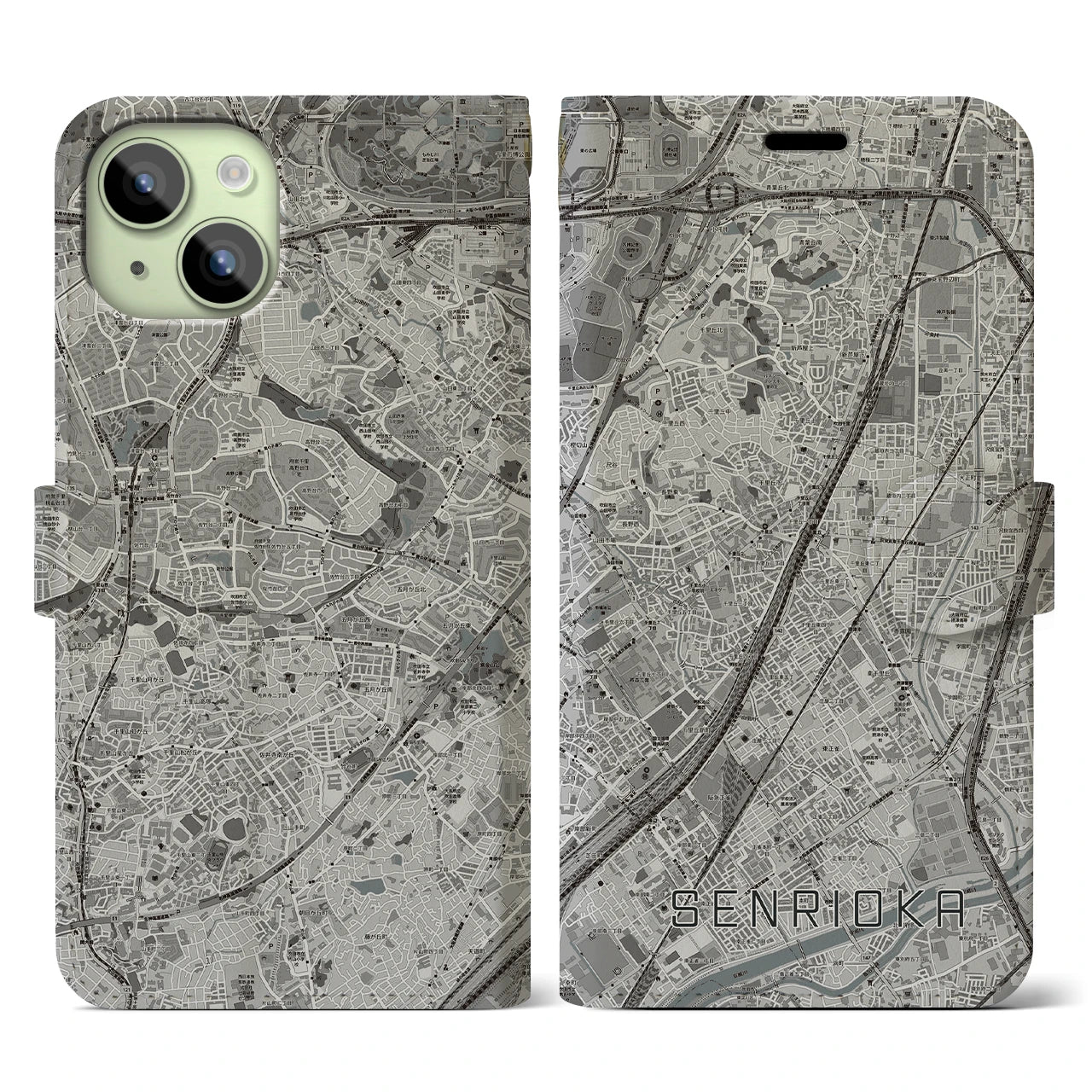 【千里丘(大阪府)】地図柄iPhoneケース(手帳タイプ)モノトーン・iPhone 15 用