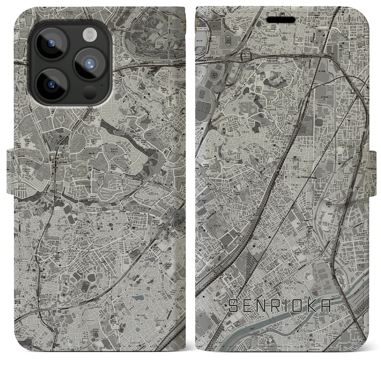 【千里丘(大阪府)】地図柄iPhoneケース(手帳タイプ)モノトーン・iPhone 15 Pro Max 用