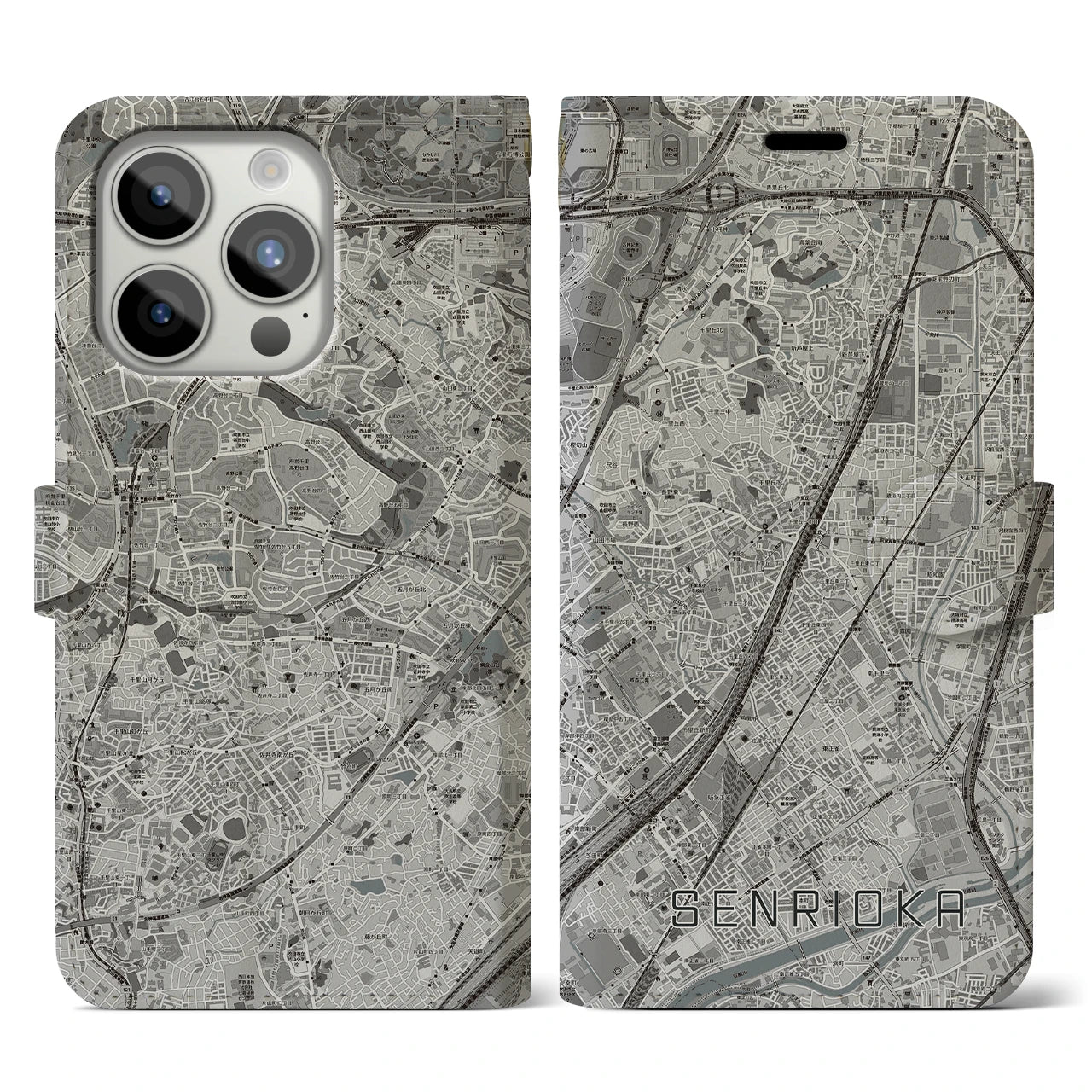 【千里丘(大阪府)】地図柄iPhoneケース(手帳タイプ)モノトーン・iPhone 15 Pro 用