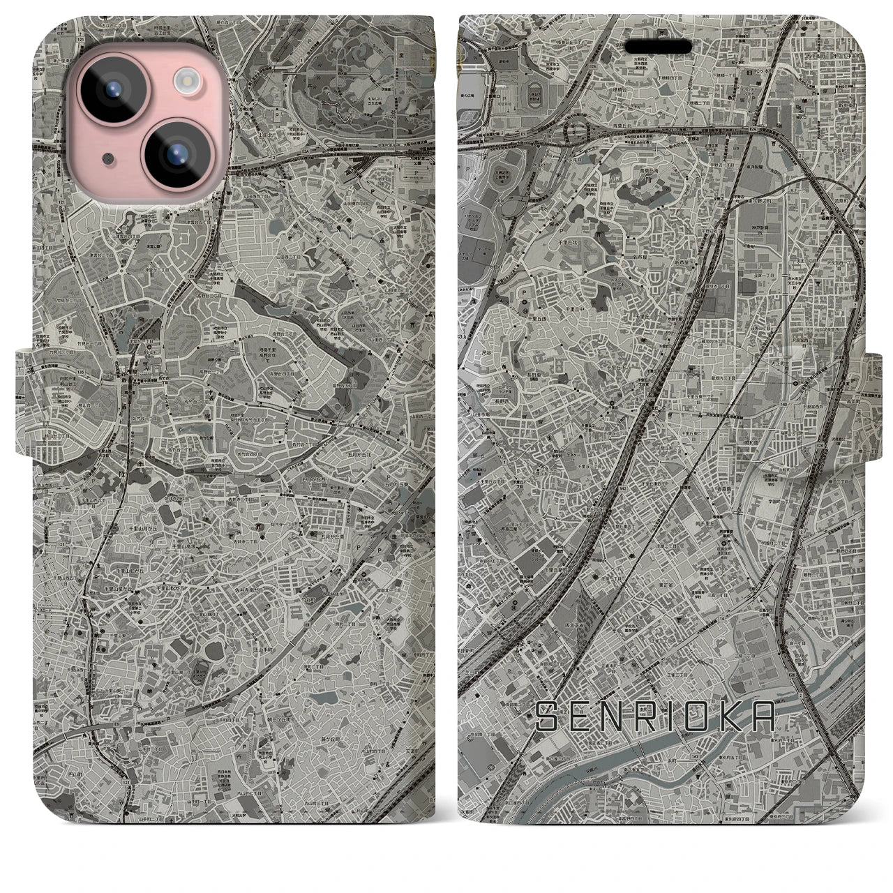 【千里丘(大阪府)】地図柄iPhoneケース(手帳タイプ)モノトーン・iPhone 15 Plus 用