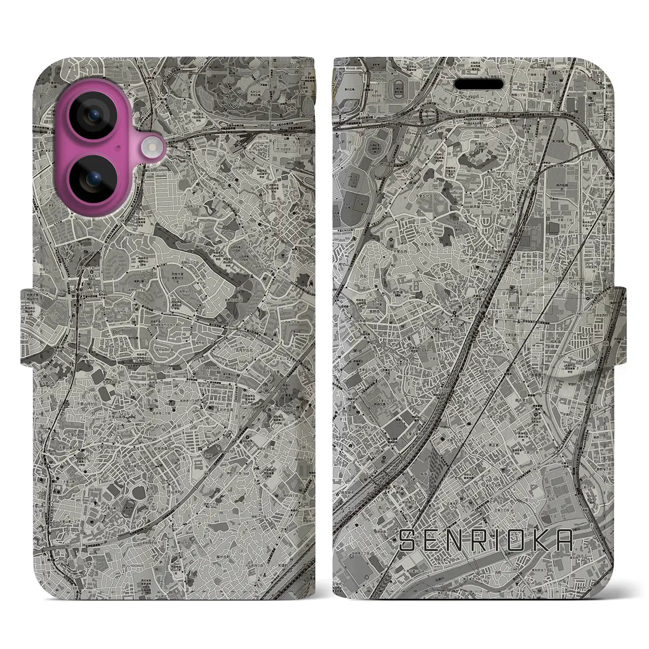 【千里丘(大阪府)】地図柄iPhoneケース(手帳タイプ)モノトーン・iPhone 16 Pro 用