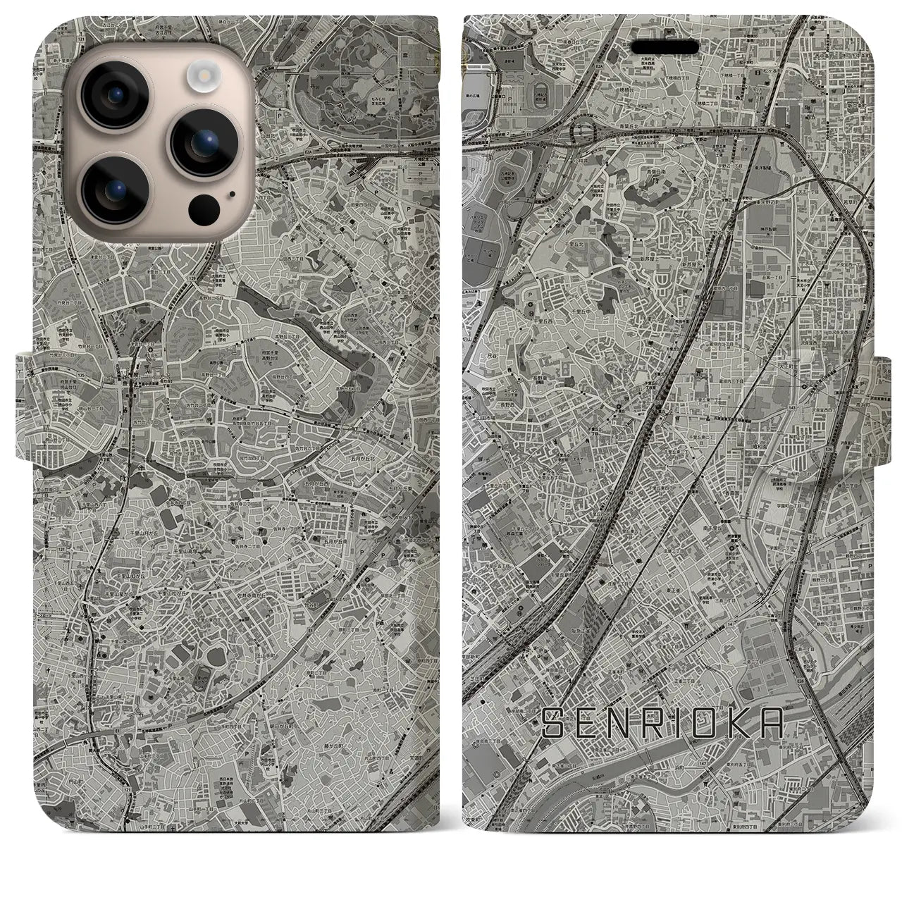 【千里丘(大阪府)】地図柄iPhoneケース(手帳タイプ)モノトーン・iPhone 16 Plus 用