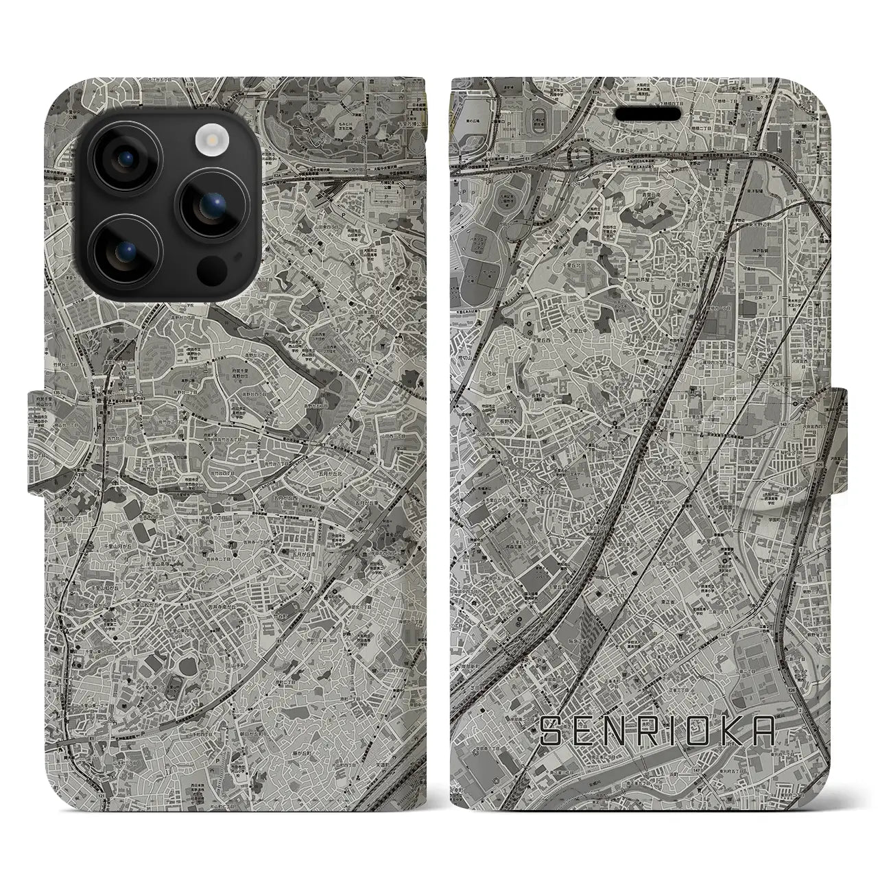 【千里丘(大阪府)】地図柄iPhoneケース(手帳タイプ)モノトーン・iPhone 16 用