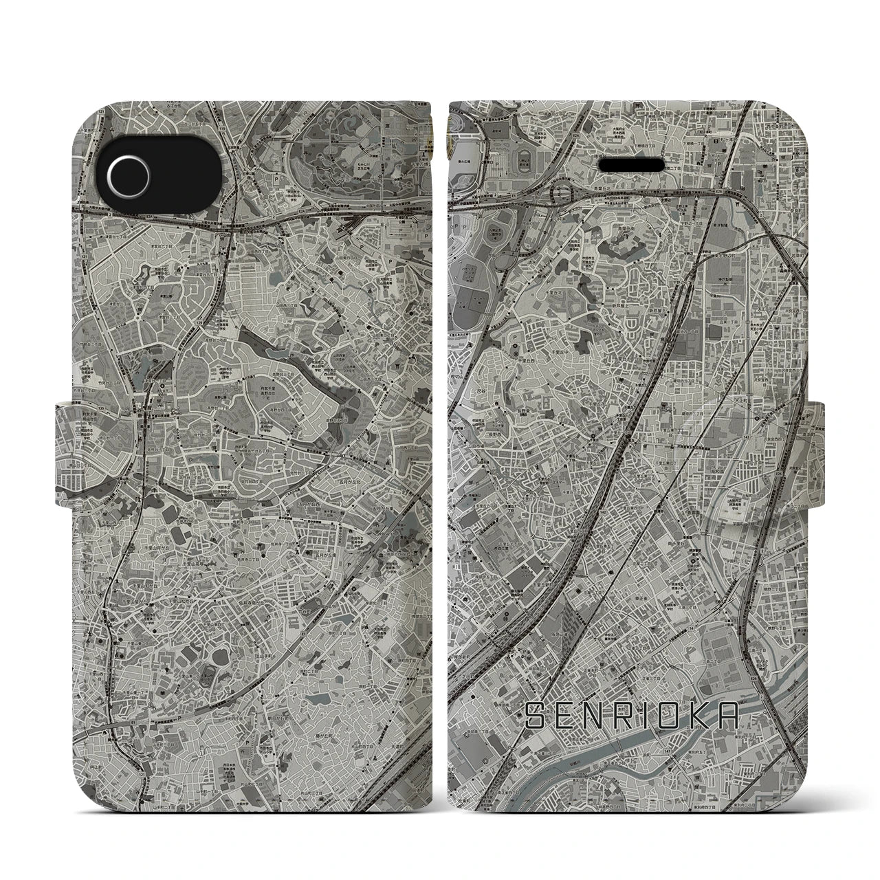 【千里丘(大阪府)】地図柄iPhoneケース(手帳タイプ)モノトーン・iPhone SE(第3 / 第2世代) / 8 / 7 / 6s / 6 用