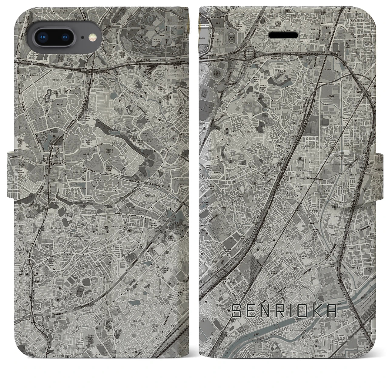 【千里丘(大阪府)】地図柄iPhoneケース(手帳タイプ)モノトーン・iPhone 8Plus /7Plus / 6sPlus / 6Plus 用