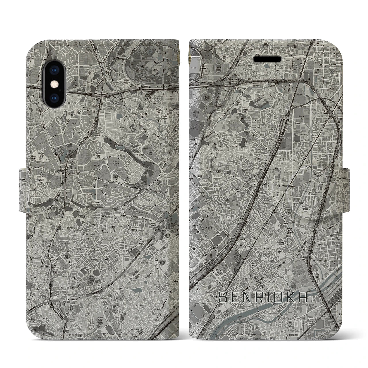 【千里丘(大阪府)】地図柄iPhoneケース(手帳タイプ)モノトーン・iPhone XS / X 用