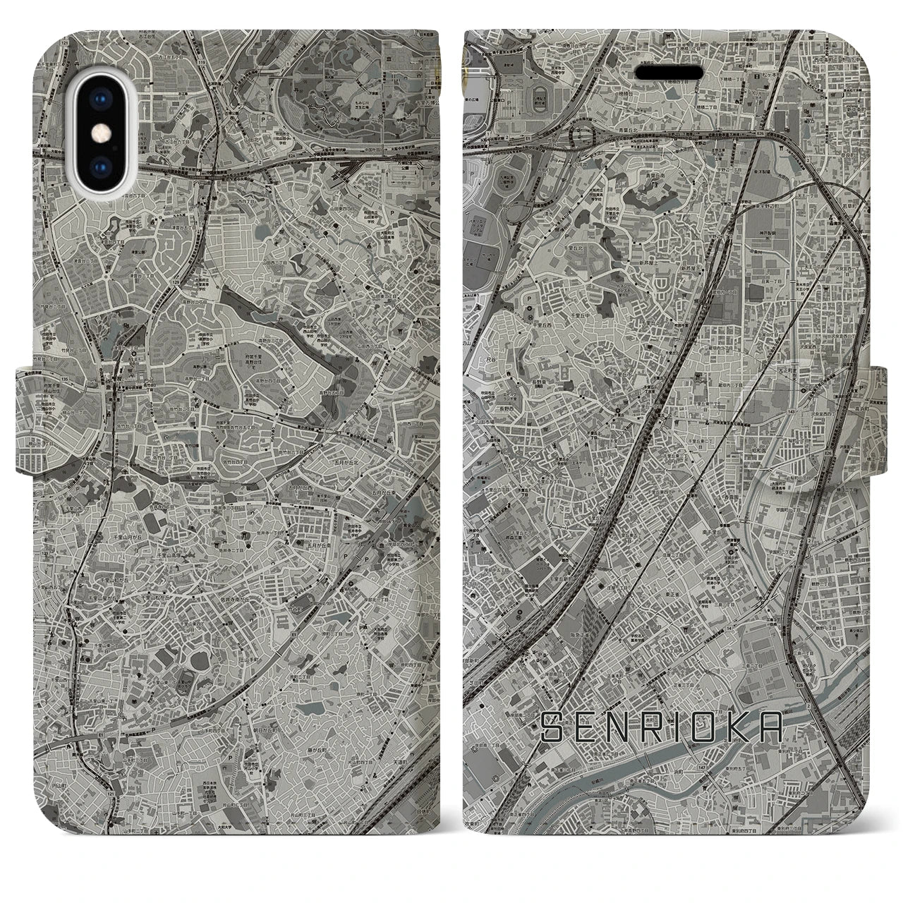 【千里丘(大阪府)】地図柄iPhoneケース(手帳タイプ)モノトーン・iPhone XS Max 用