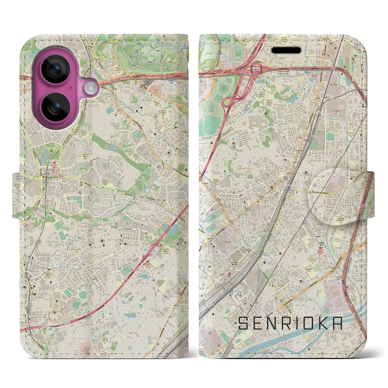【千里丘(大阪府)】地図柄iPhoneケース(手帳タイプ)ナチュラル・iPhone 16 Pro 用