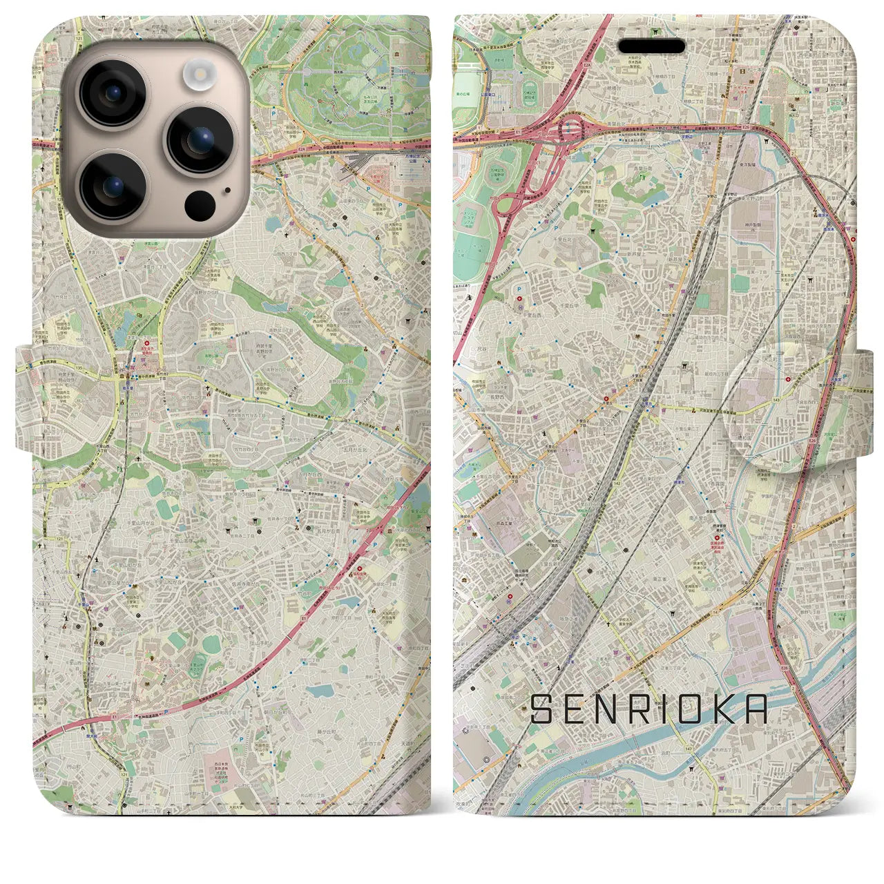 【千里丘(大阪府)】地図柄iPhoneケース(手帳タイプ)ナチュラル・iPhone 16 Plus 用