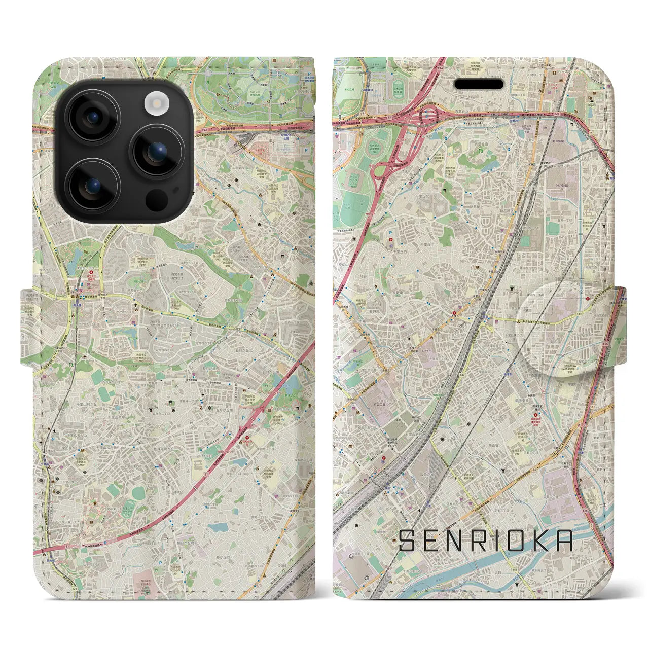 【千里丘(大阪府)】地図柄iPhoneケース(手帳タイプ)ナチュラル・iPhone 16 用