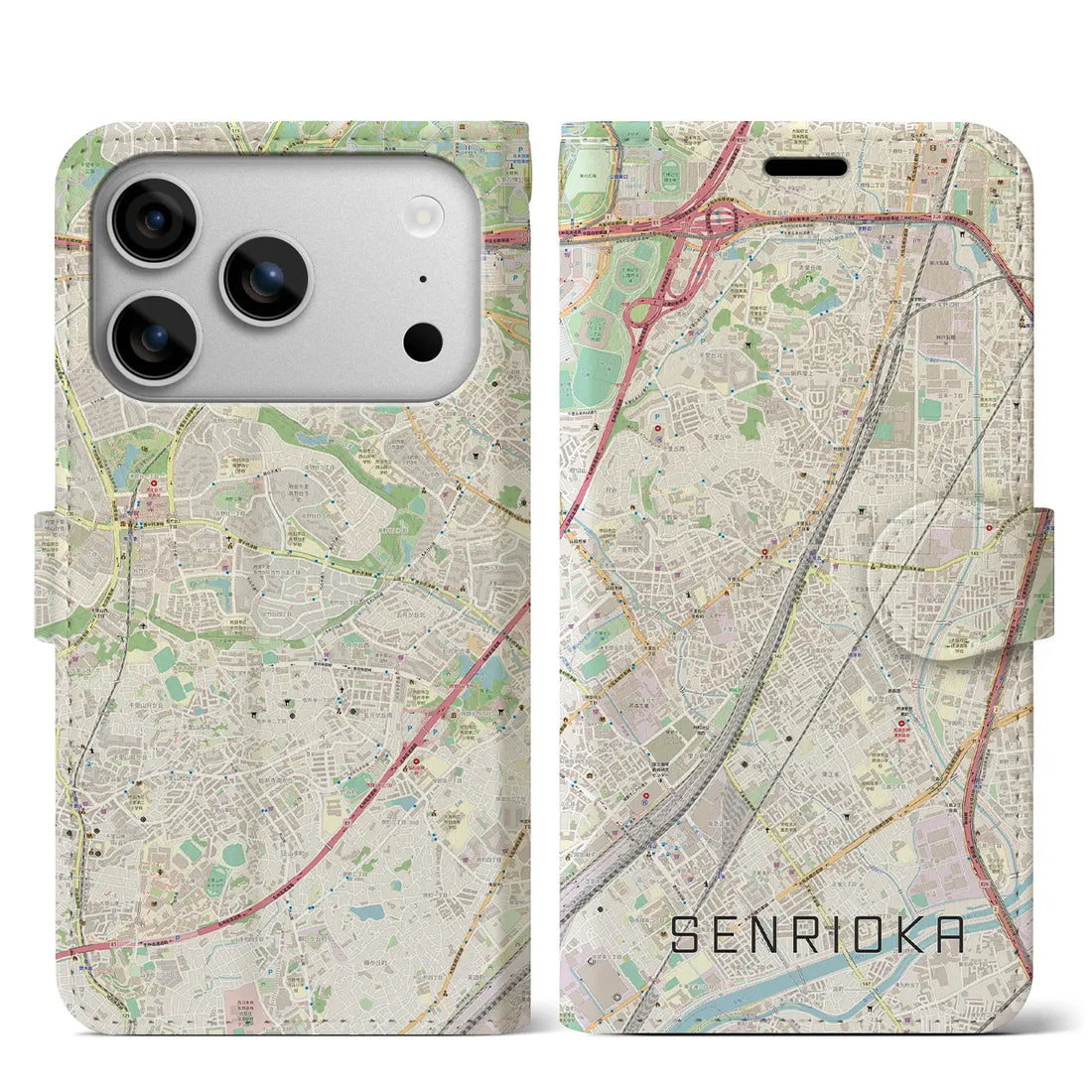 【千里丘(大阪府)】地図柄iPhoneケース(手帳タイプ)ナチュラル・iPhone 17 Pro Max 用