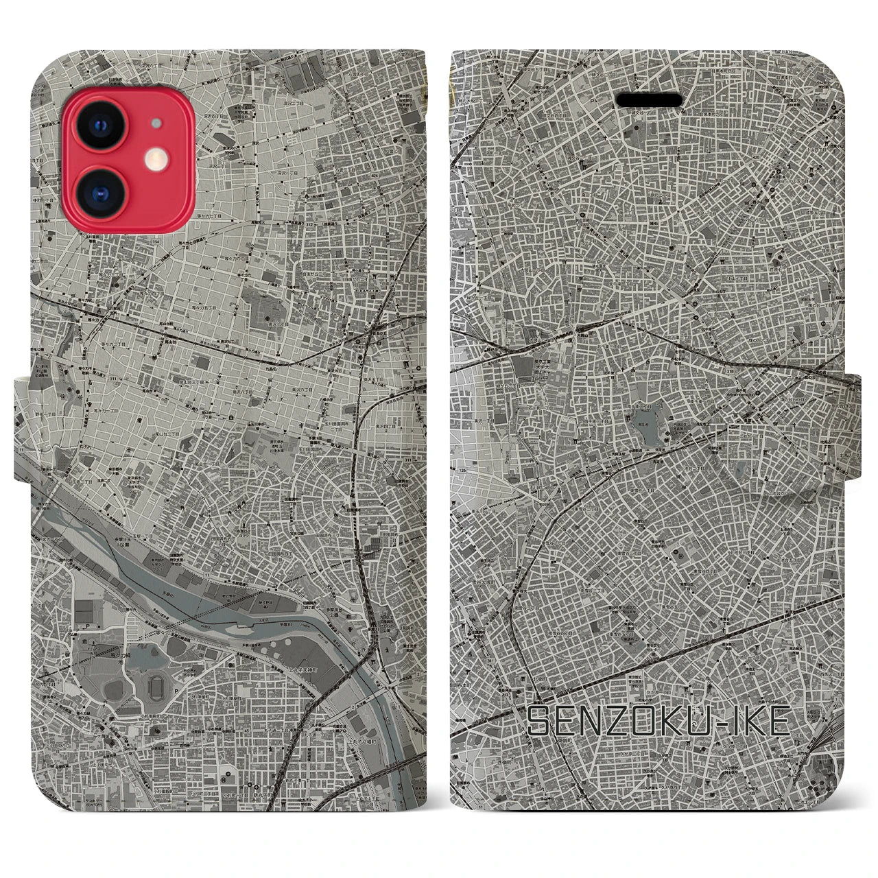 【洗足池(東京都)】地図柄iPhoneケース(手帳タイプ)モノトーン・iPhone 11 用