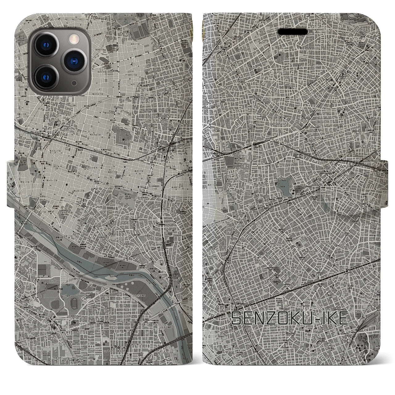 【洗足池(東京都)】地図柄iPhoneケース(手帳タイプ)モノトーン・iPhone 11 Pro Max 用