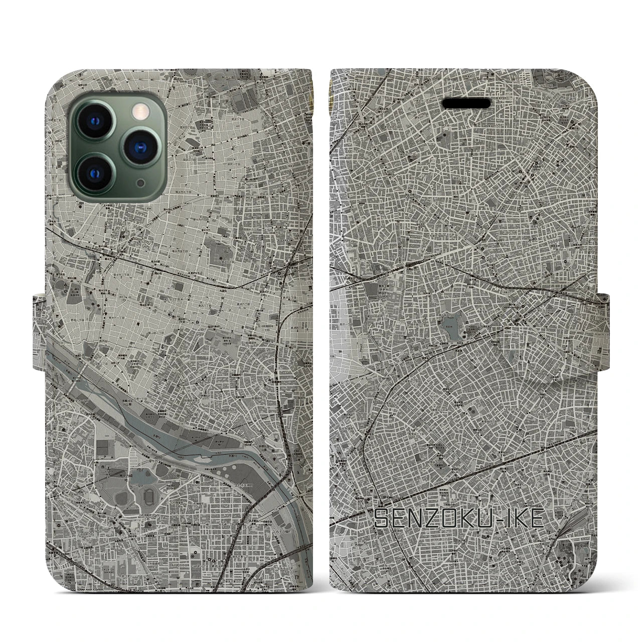 【洗足池(東京都)】地図柄iPhoneケース(手帳タイプ)モノトーン・iPhone 11 Pro 用