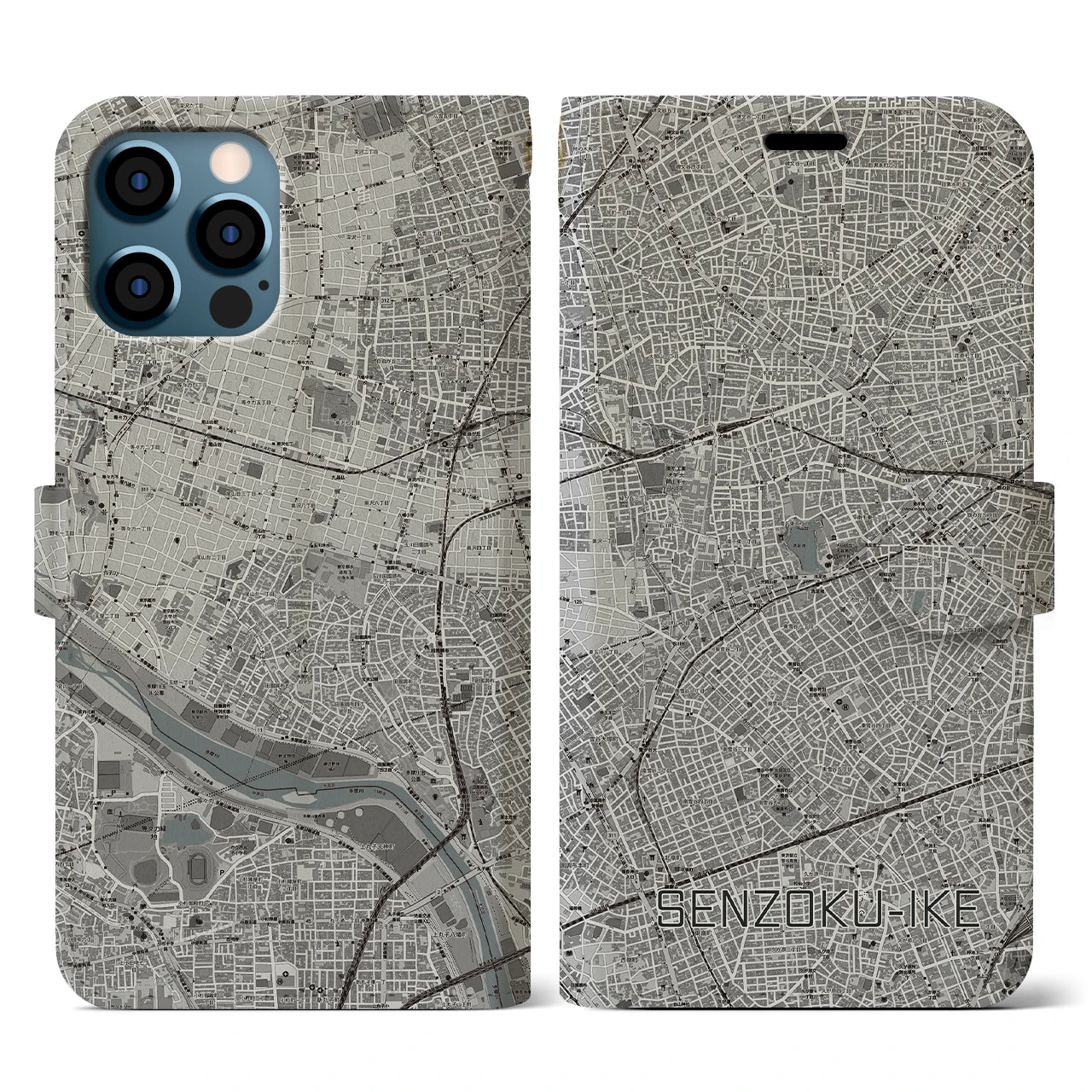 【洗足池(東京都)】地図柄iPhoneケース(手帳タイプ)モノトーン・iPhone 12 / 12 Pro 用