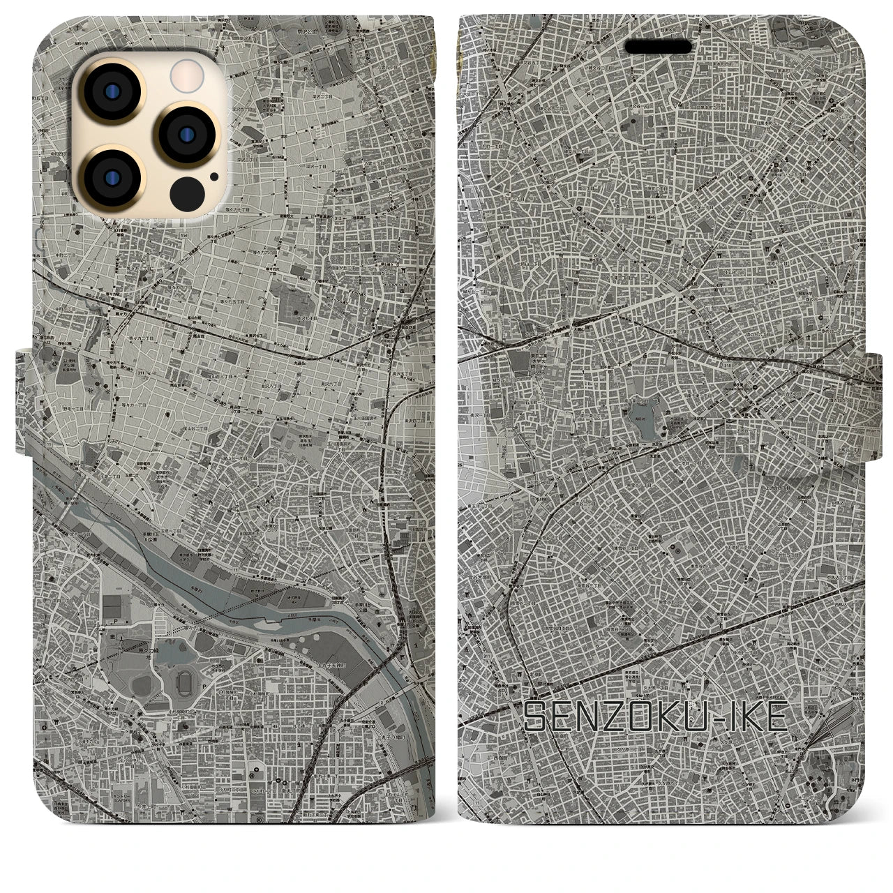 【洗足池(東京都)】地図柄iPhoneケース(手帳タイプ)モノトーン・iPhone 12 Pro Max 用