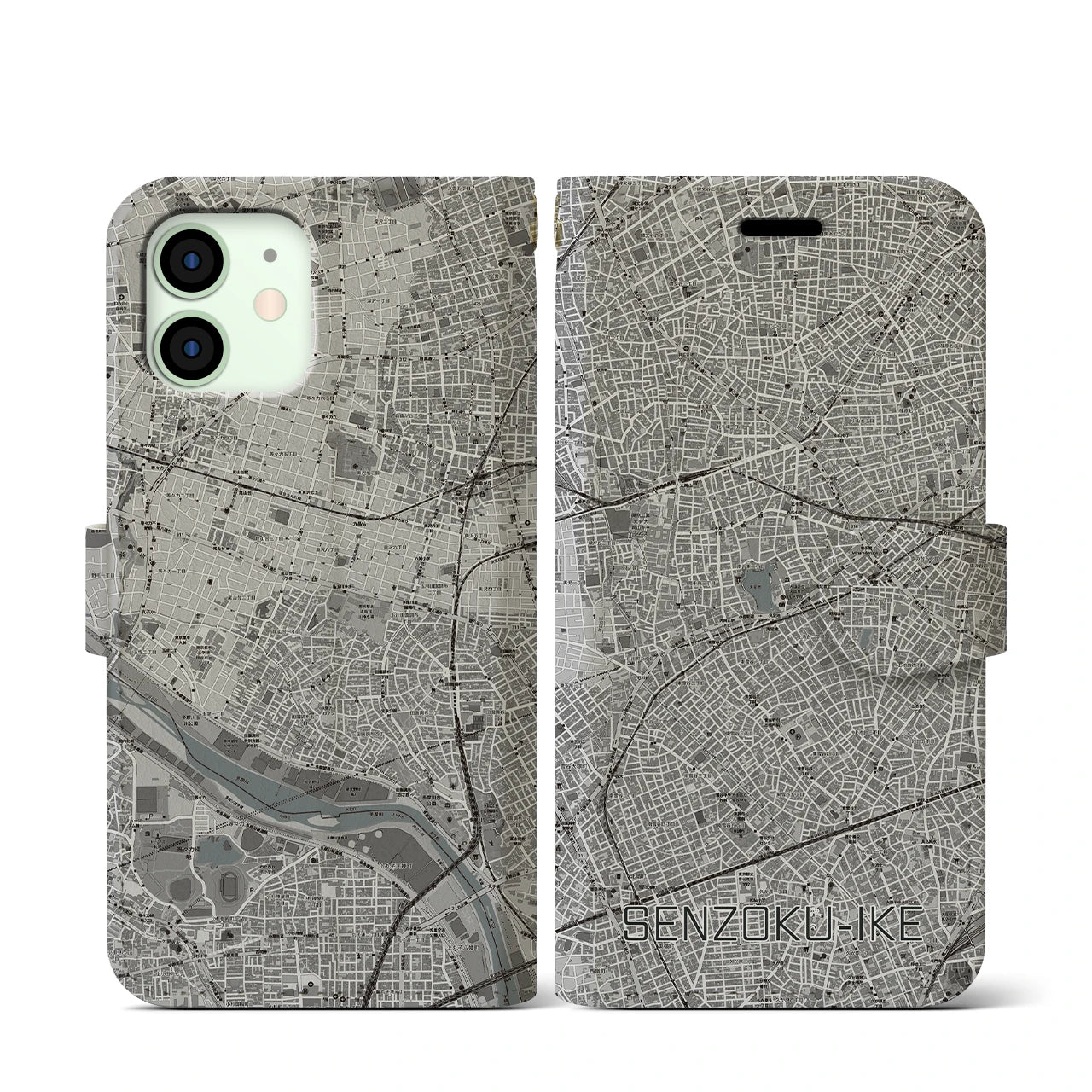 【洗足池(東京都)】地図柄iPhoneケース(手帳タイプ)モノトーン・iPhone 12 mini 用