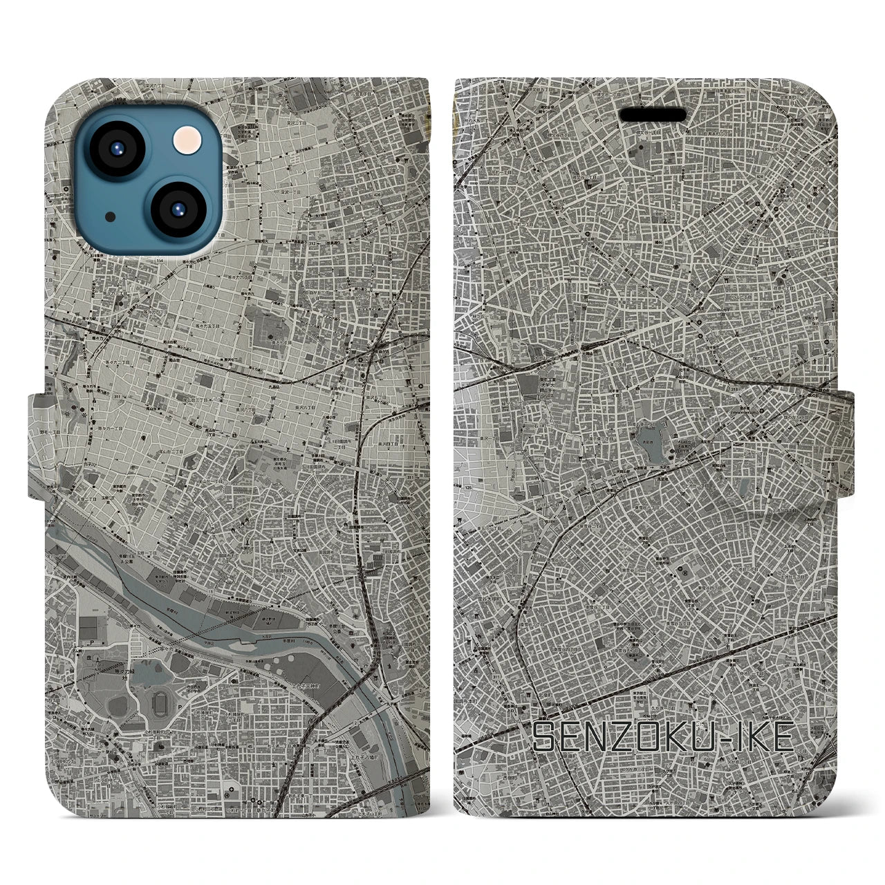 【洗足池(東京都)】地図柄iPhoneケース(手帳タイプ)モノトーン・iPhone 13 用