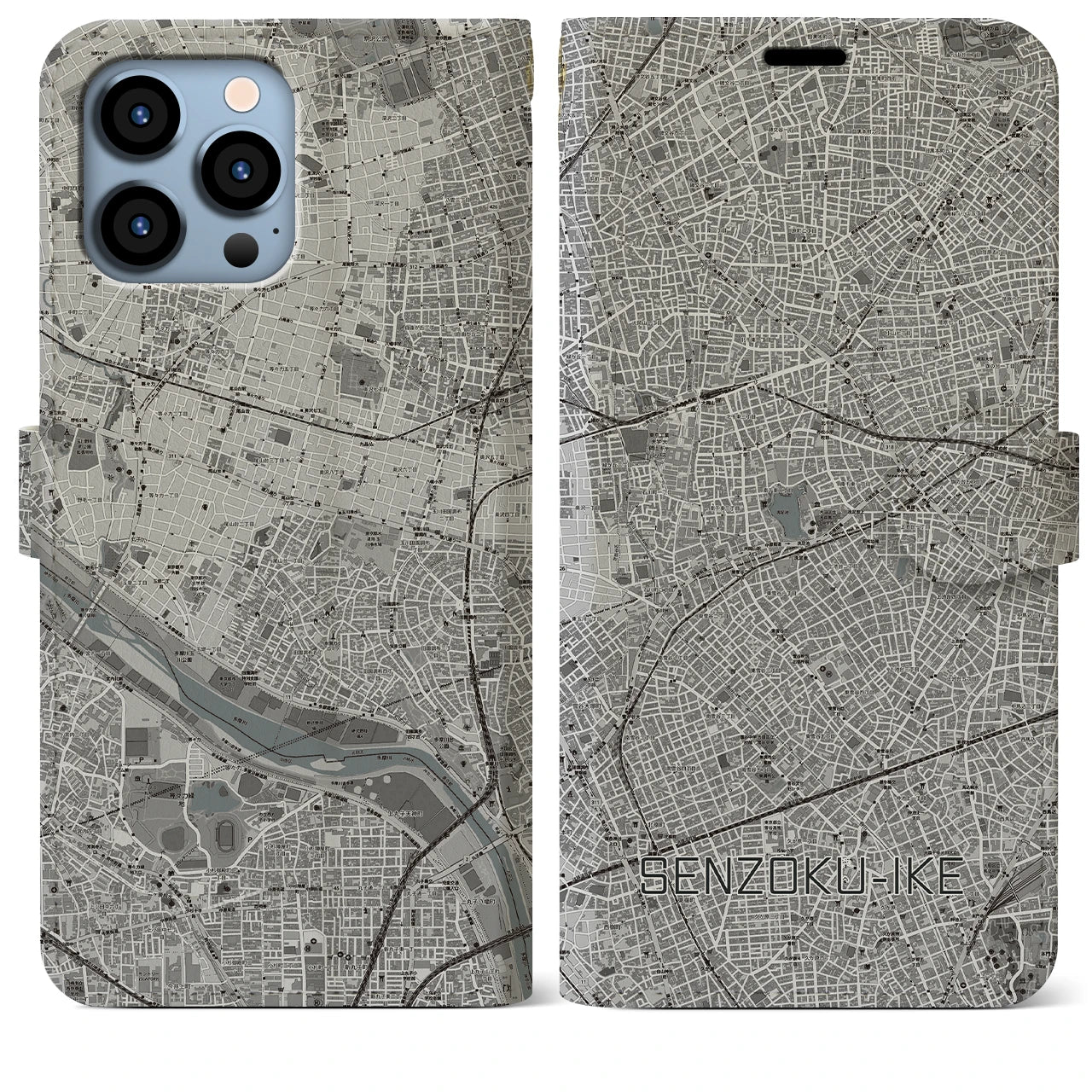 【洗足池(東京都)】地図柄iPhoneケース(手帳タイプ)モノトーン・iPhone 13 Pro Max 用