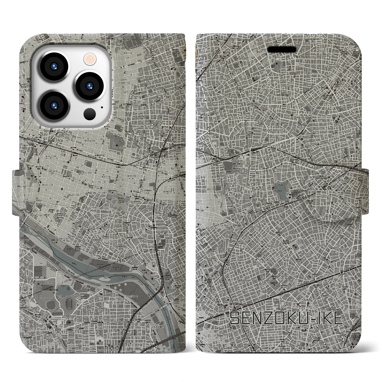【洗足池(東京都)】地図柄iPhoneケース(手帳タイプ)モノトーン・iPhone 13 Pro 用